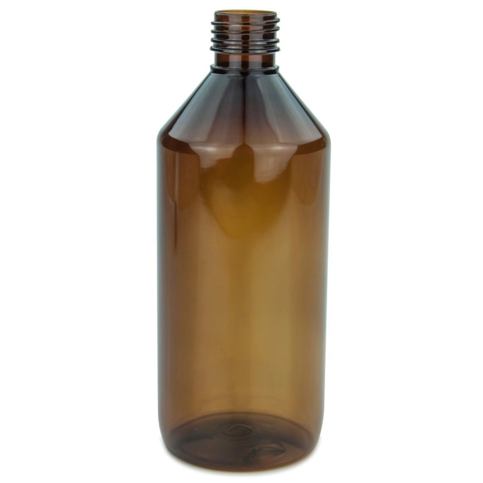 Leere, durchsichtige Glasflasche mit schmalem Hals und Schraubgewinde, stehend auf weißem Hintergrund.