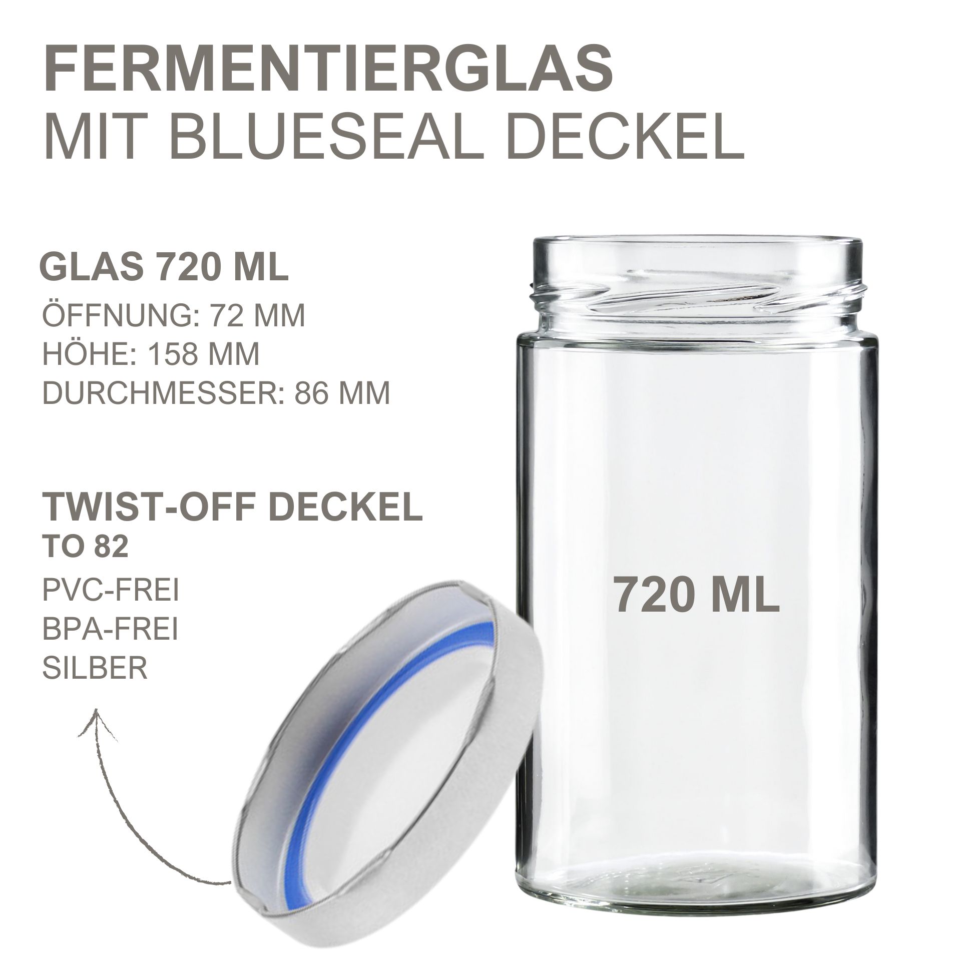 Sechs leere 720-ml-Gläser mit silbernen BlueSeal-Schraubdeckeln, aufgestellt in zwei Reihen; Teil eines Fermentier-Starter-Sets.