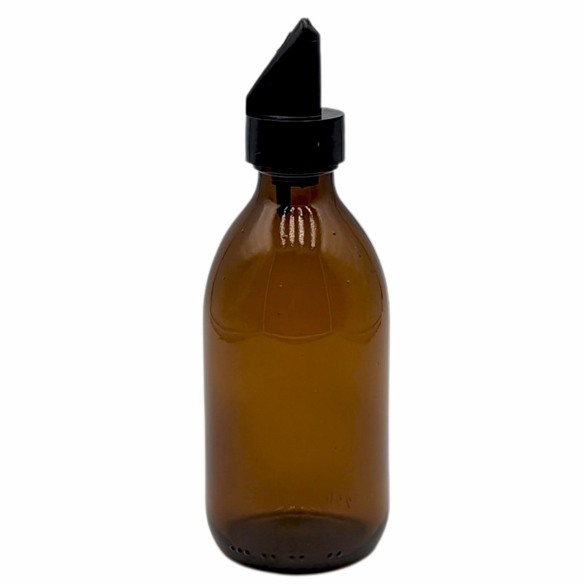 Braune Medizinflasche aus Glas mit 250 ml Fassungsvermögen vor weißem Hintergrund, ohne Etikett oder Verschluss, stehend in aufrechter Position.