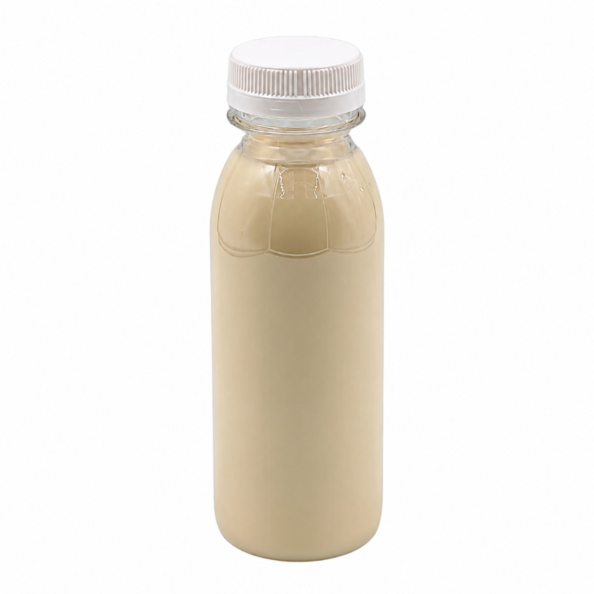 Transparente 250-ml-Smoothieflasche aus Kunststoff mit breiter Öffnung und schwarzem Schraubverschluss, stehend auf weißem Hintergrund.