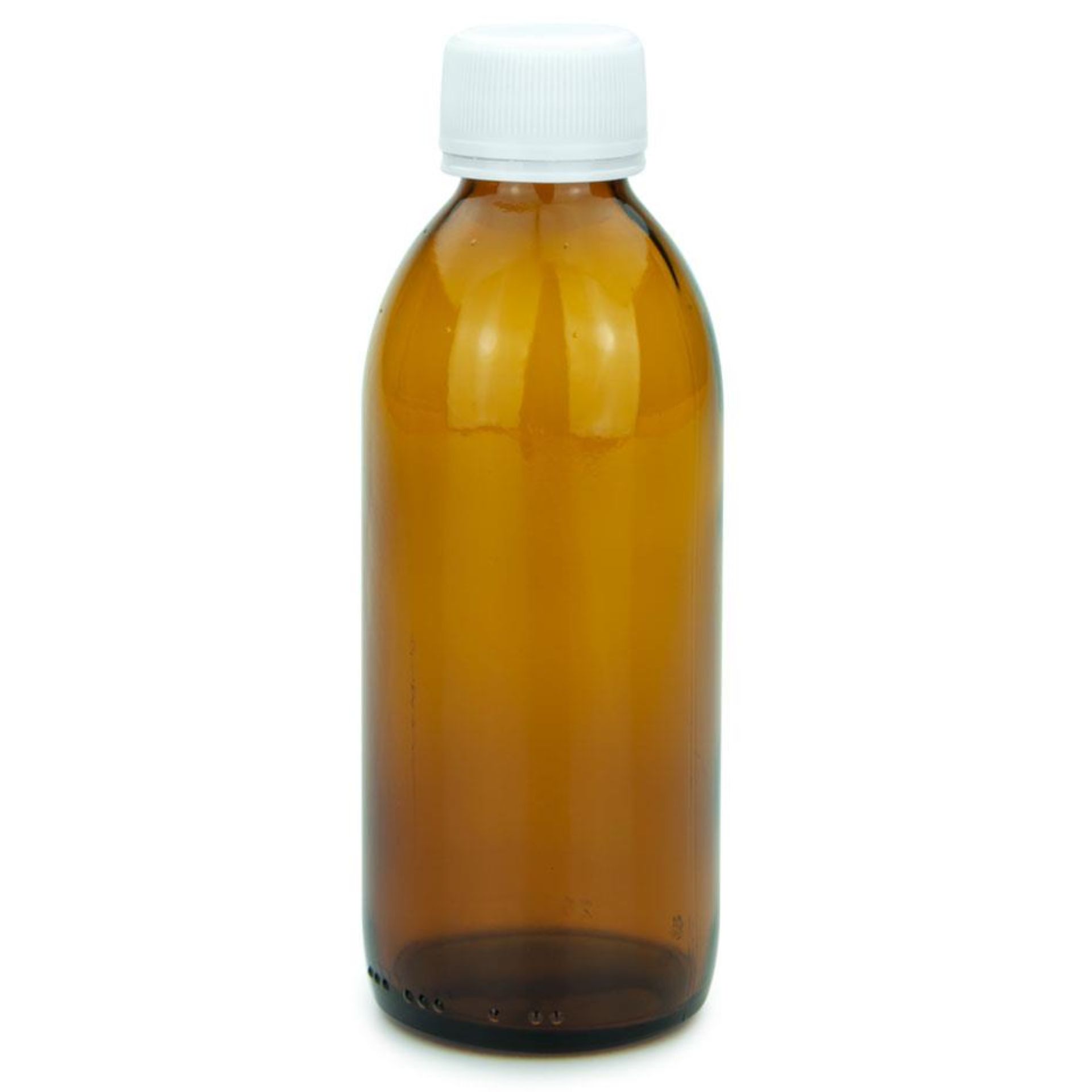 Braune Glas-Tropfflasche mit 200 ml Fassungsvermögen, stehend vor weißem Hintergrund.