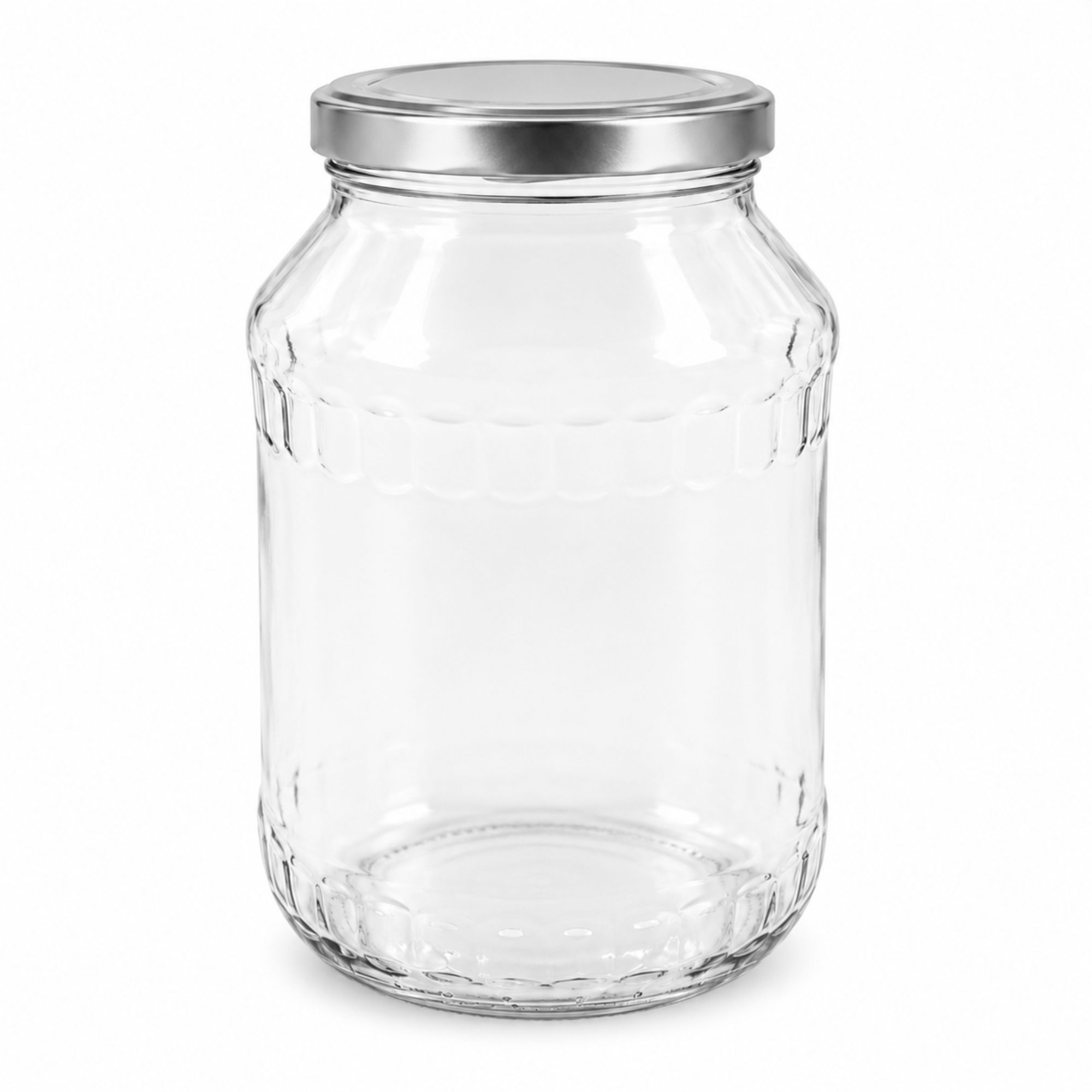Großes, leeres Konservenglas aus klarem Glas mit silbernem Schraubdeckel, Fassungsvermögen 2650 ml, steht aufrecht vor neutralem Hintergrund.