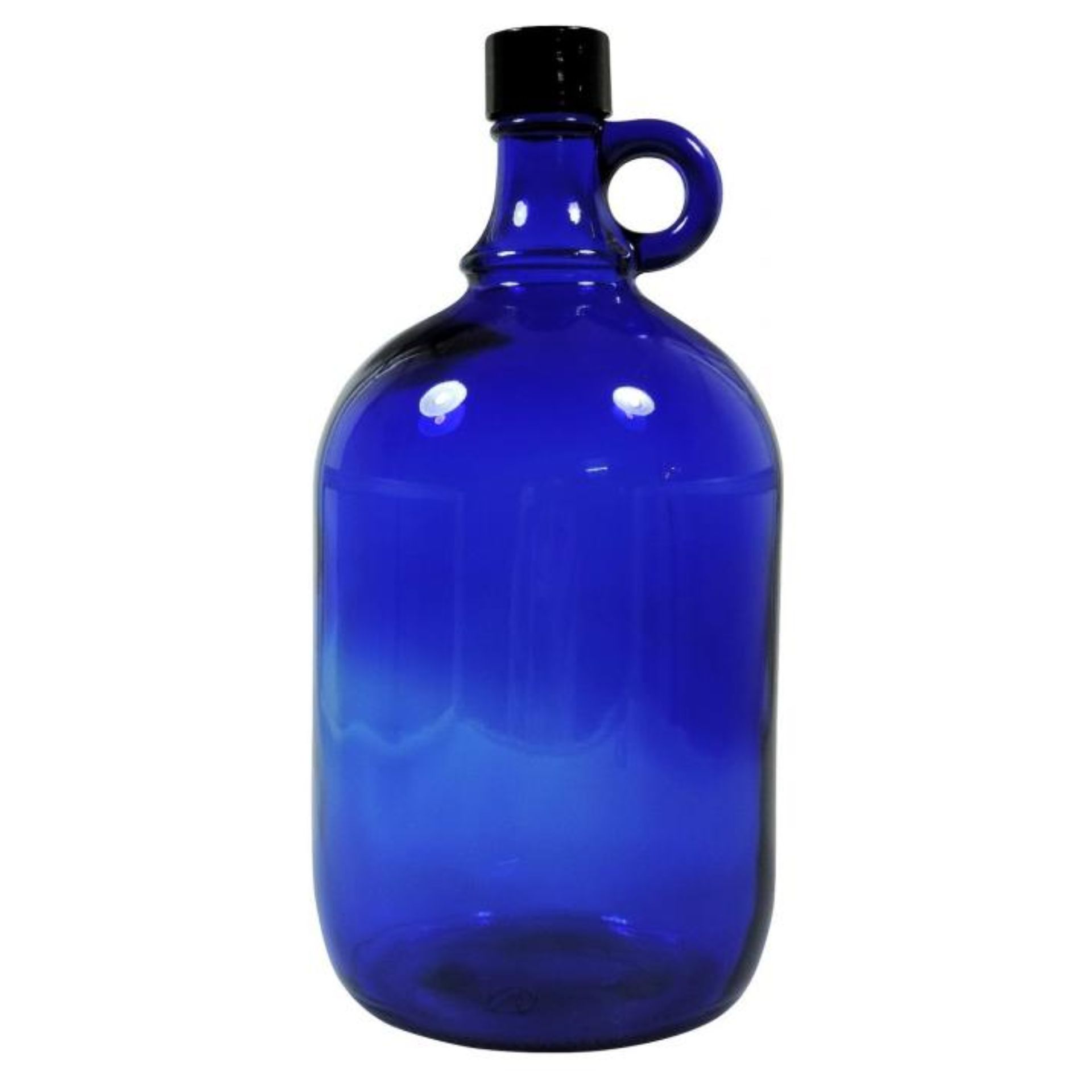 Große blaue Glasflasche mit einem Fassungsvermögen von 2000 ml, ausgestattet mit schwarzem Schraubdeckel und seitlichem Henkel, stehend vor neutralem Hintergrund.