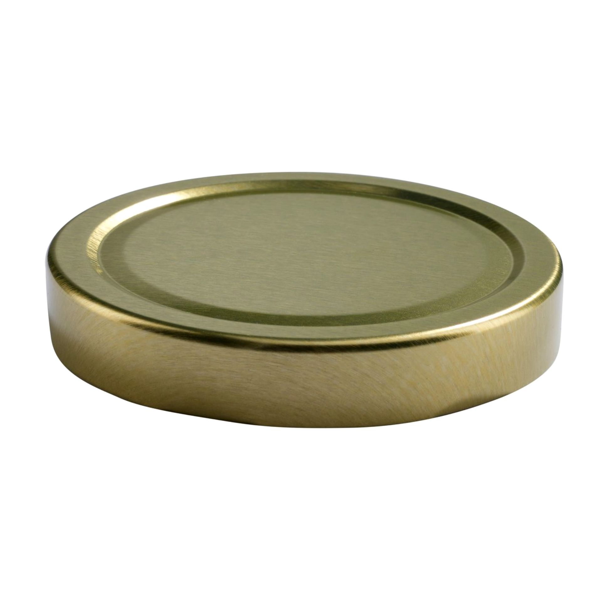 Goldfarbener TO 82 Deep Schraubverschluss Deckel für Einmachgläser – Hochwertiger Metalldeckel zum Einkochen Goldfarbener Schraubverschluss-Deckel im Format TO 82, tiefes Modell, glänzende Oberfläche, zentral von oben fotografiert auf weißem Hintergrund.