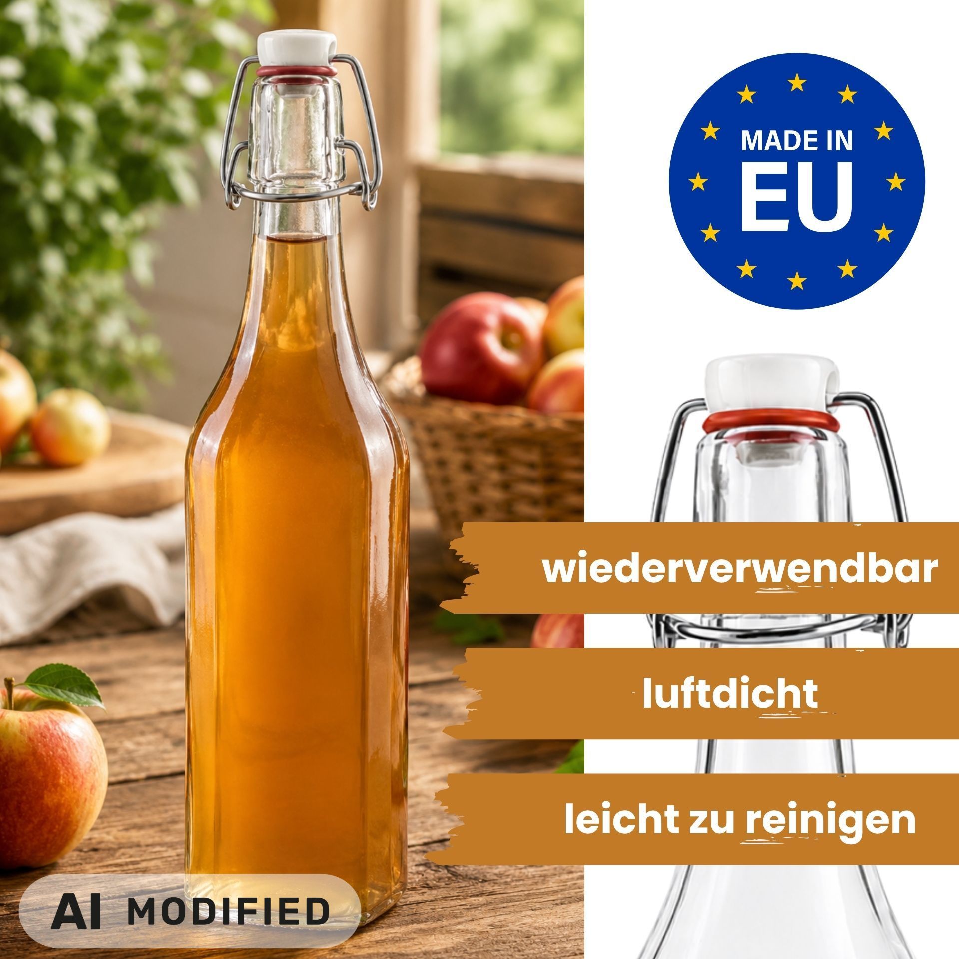 Glasflasche 500 ml eckig mit Bügelverschluss Kunststoff