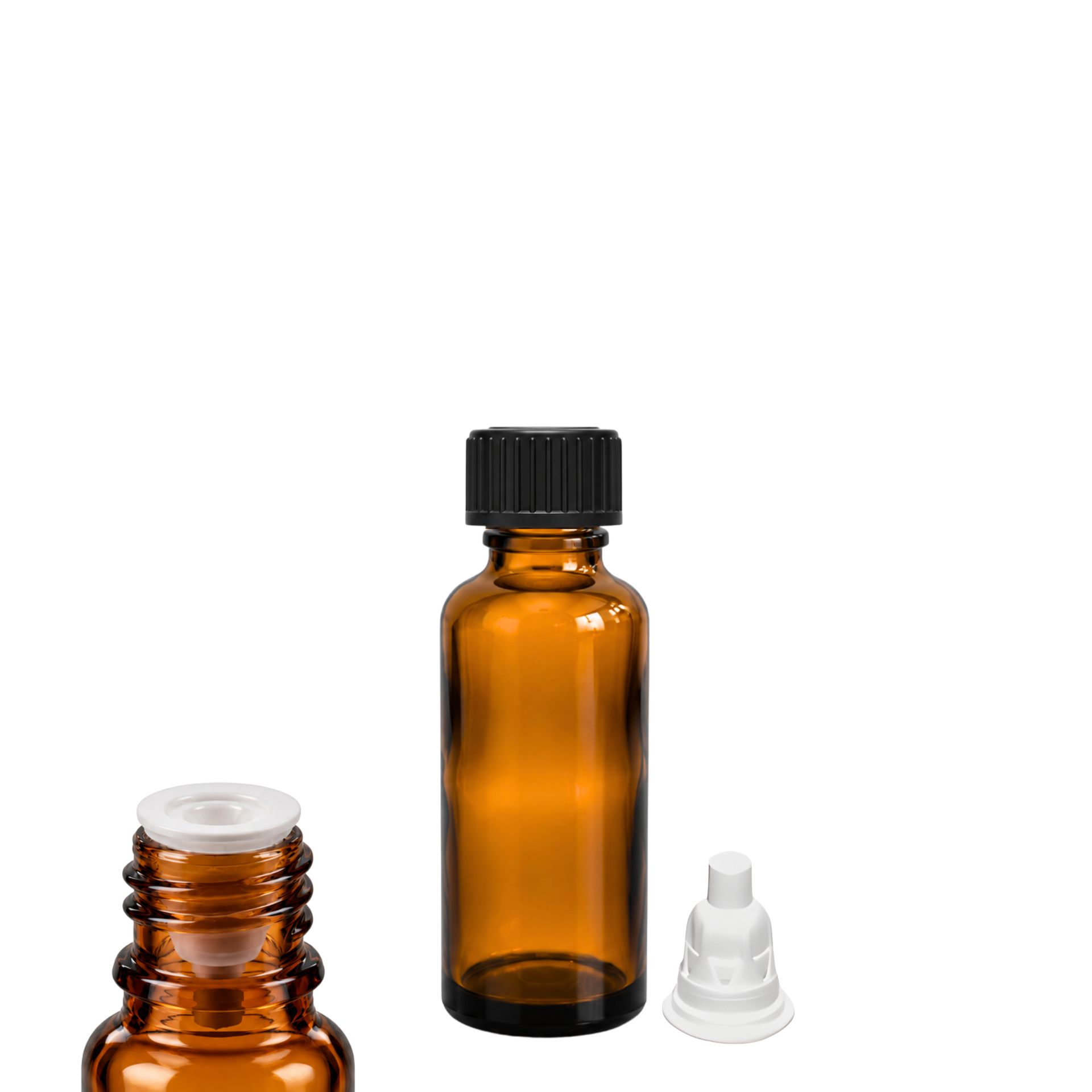 Braune Tropfflasche 20 ml mit Tropfeinsatz aus Kunststoff, ideal für präzises Dosieren von Flüssigkeiten, Abbildung der Dosierflasche auf weißem Hintergrund.