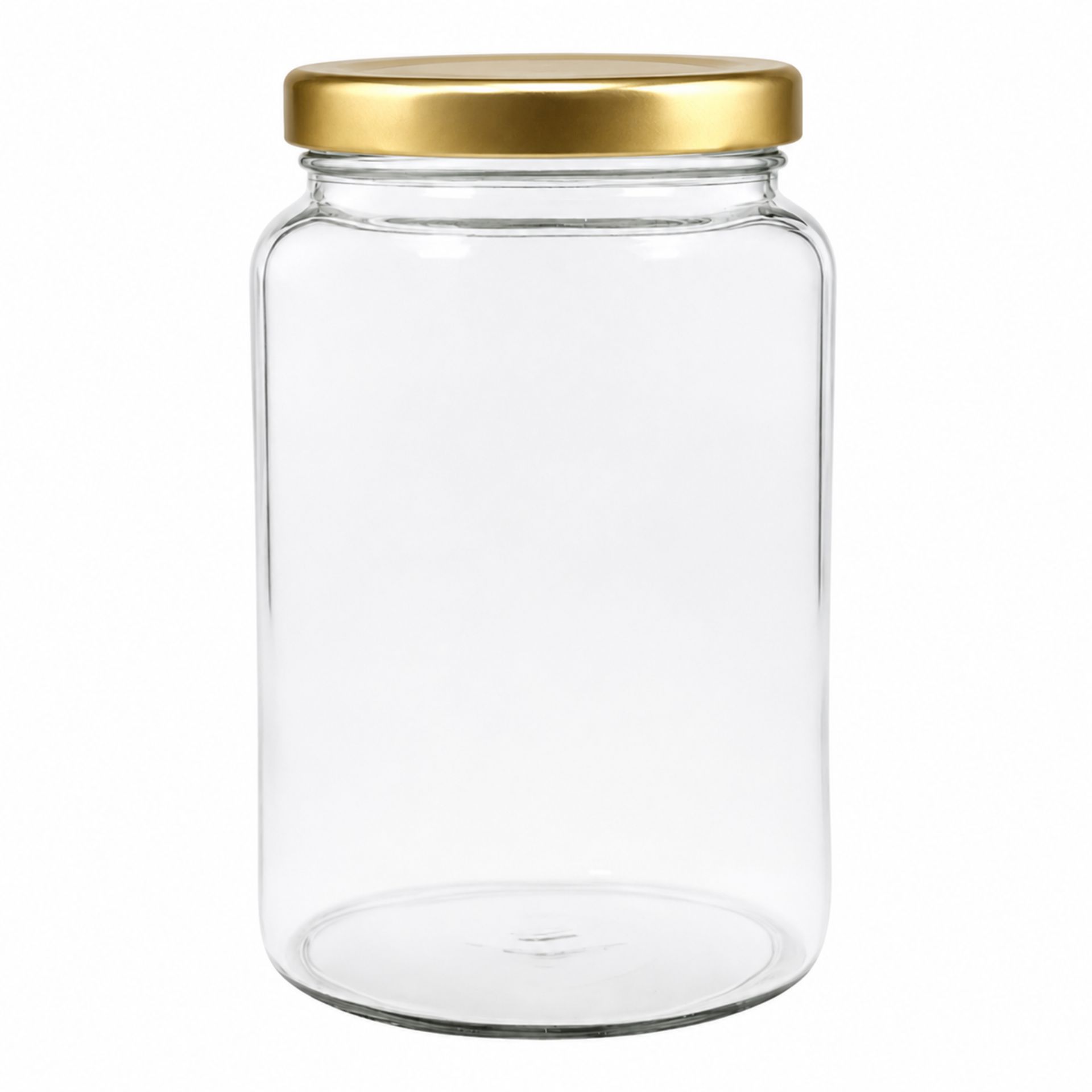 Großes Einmachglas aus Klarglas mit 1700 ml Fassungsvermögen, zylindrische Form, goldfarbener Twist-Off-Deckel, stehend auf weißem Hintergrund.