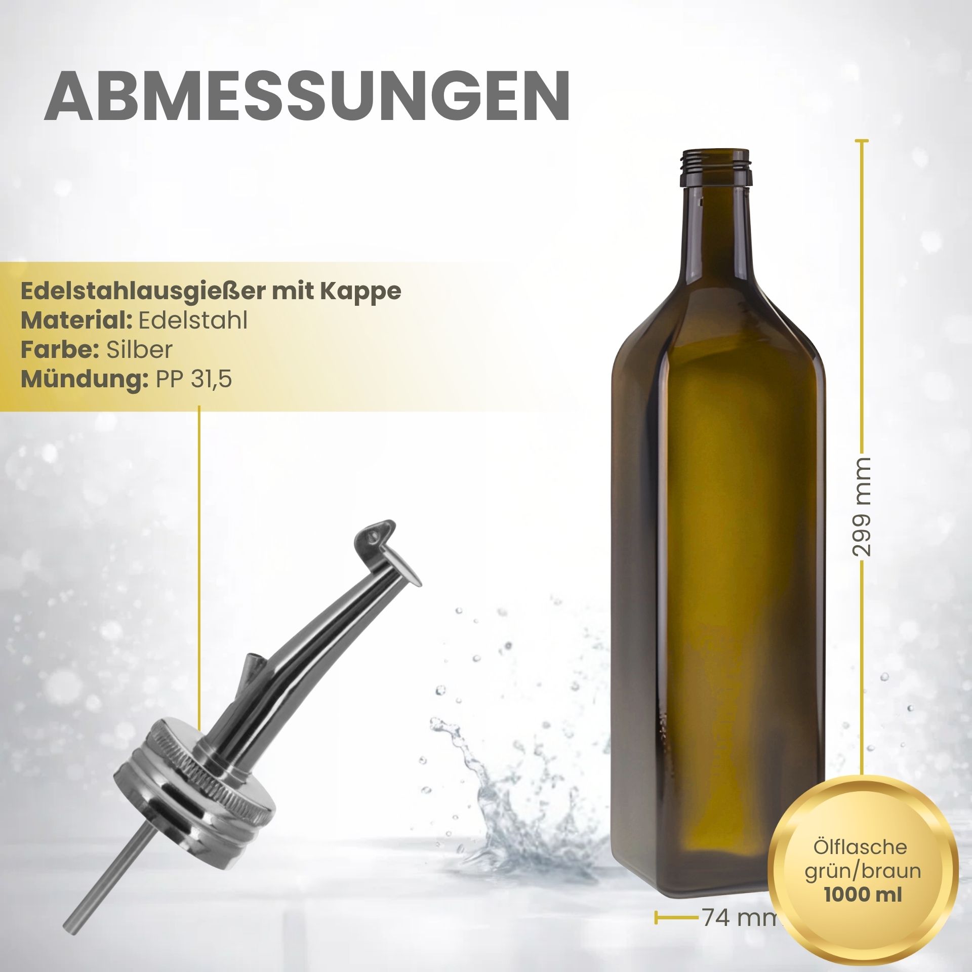 Glasflasche 1000 ml eckig Marasca Antik Ölflasche mit Ausgießer Edelstahl