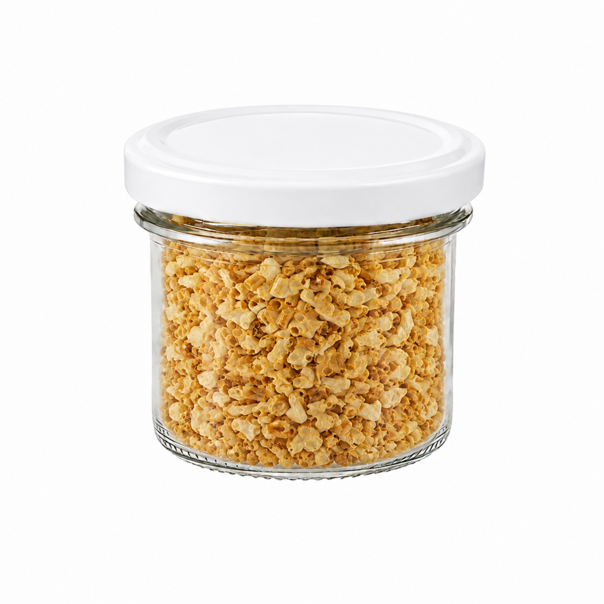 Sechs leere, durchsichtige Glasflaschen à 125 ml mit goldfarbenem Schraubverschluss, in zwei Reihen auf weißem Hintergrund angeordnet.