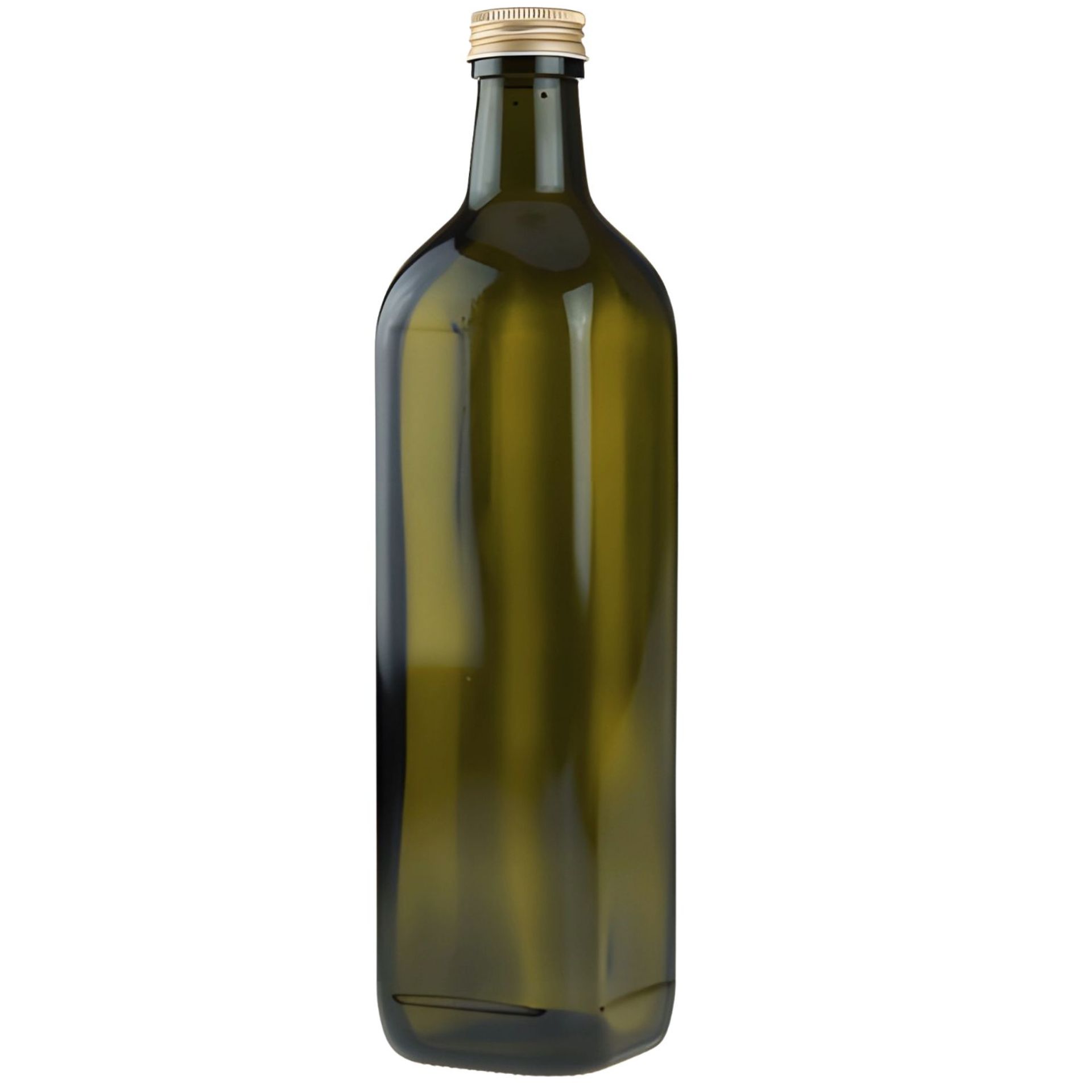 Grüne, viereckige Glasflasche mit 750 ml Fassungsvermögen, ausgestattet mit einem goldenen Schraubdeckel, ideal für stilvolle Getränkeverpackung und Aufbewahrung.
