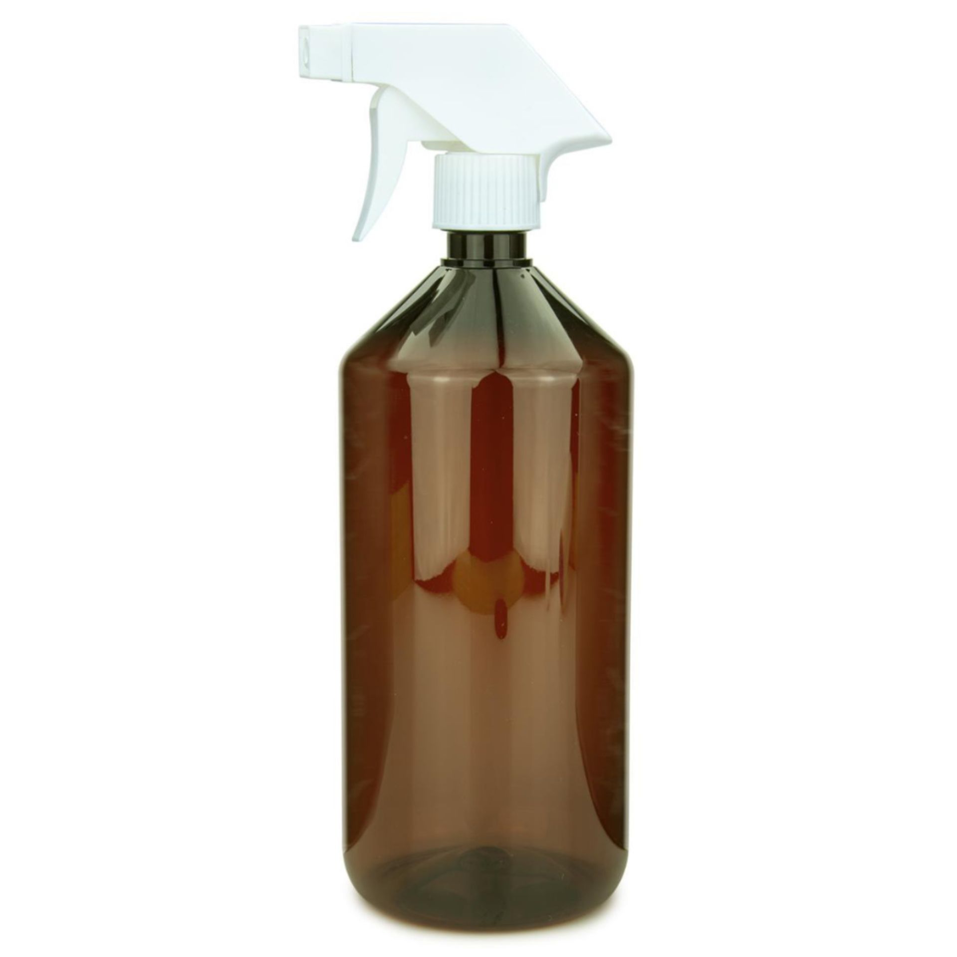 Weiße Apothekerflasche mit Sprühpistole, Fassungsvermögen 1000 ml, vor neutralem Hintergrund.