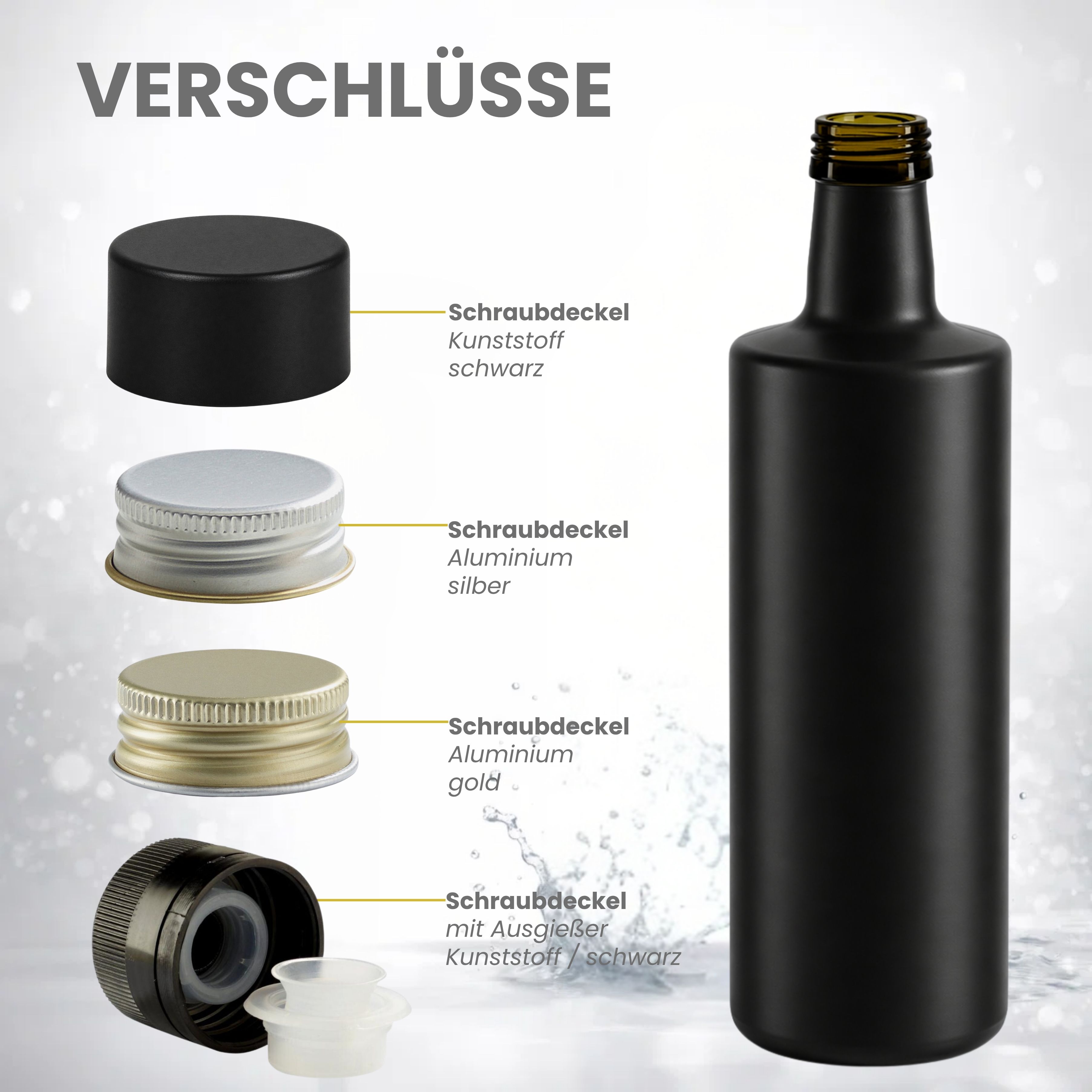 schwarze Ölflasche 500 ml Verschluesse
