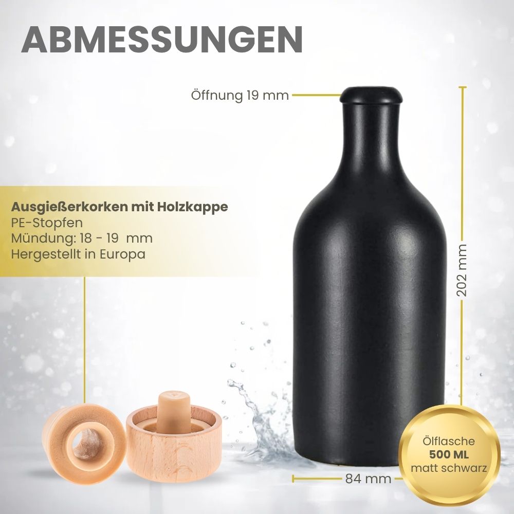 Ölflasche 500 ml Steingut schwarz mit Ausgießer und Holzkappe
