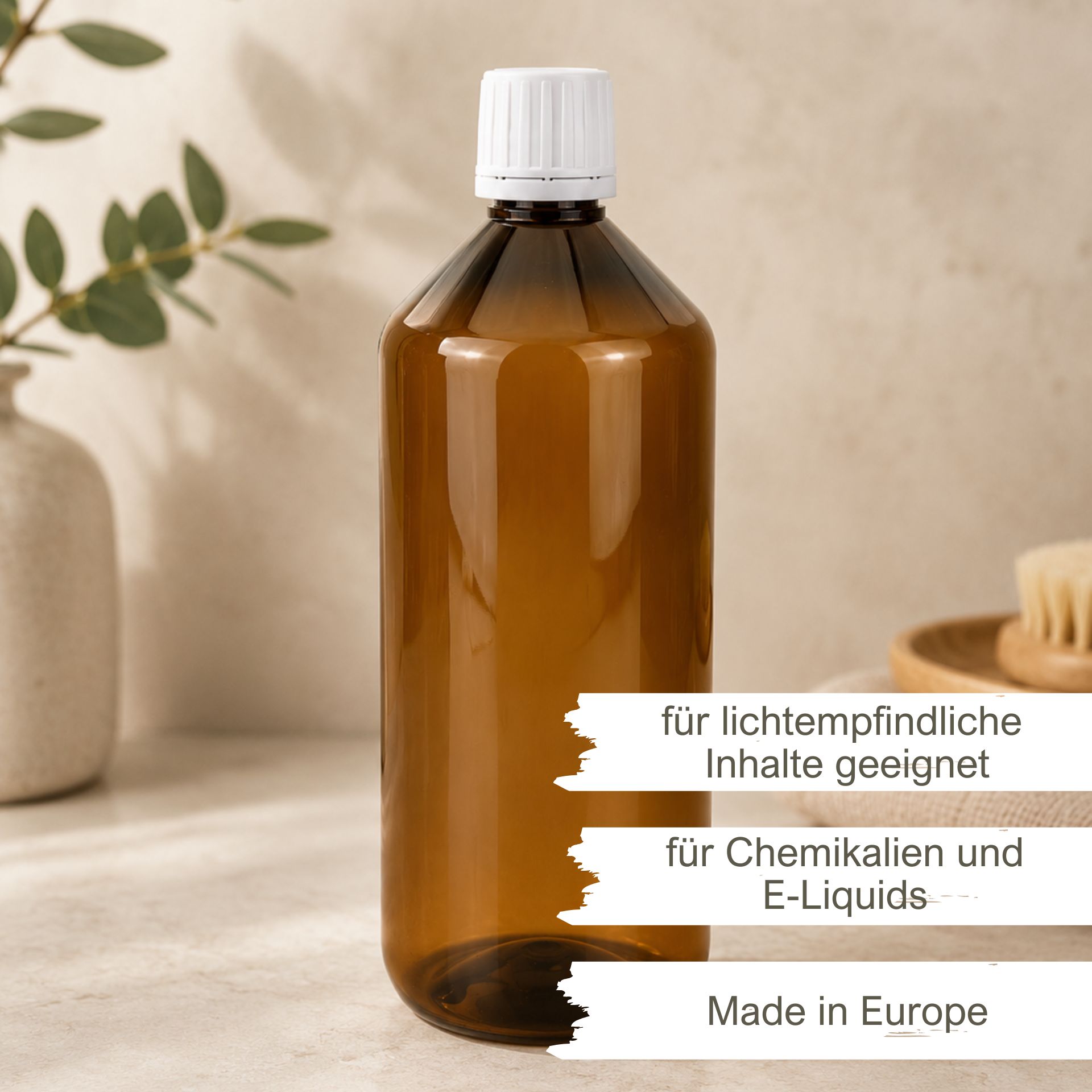 PET Flasche 1000 ml braun Laborflasche mit Ausgießer weiß