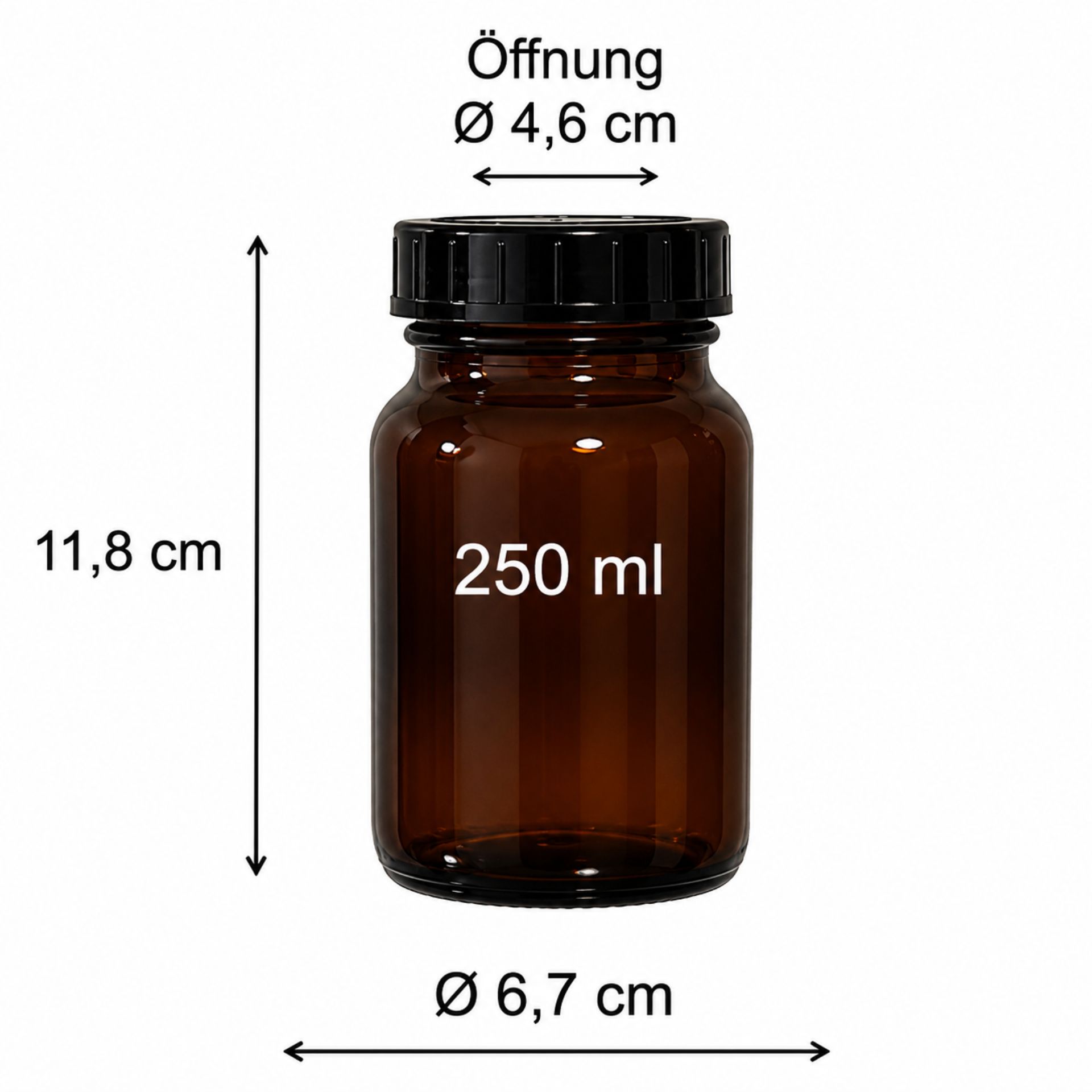 Braune Apothekerflasche 250 ml Weithals mit Schraubdeckel, ideal für die chemische Aufbewahrung oder Laboranwendungen.