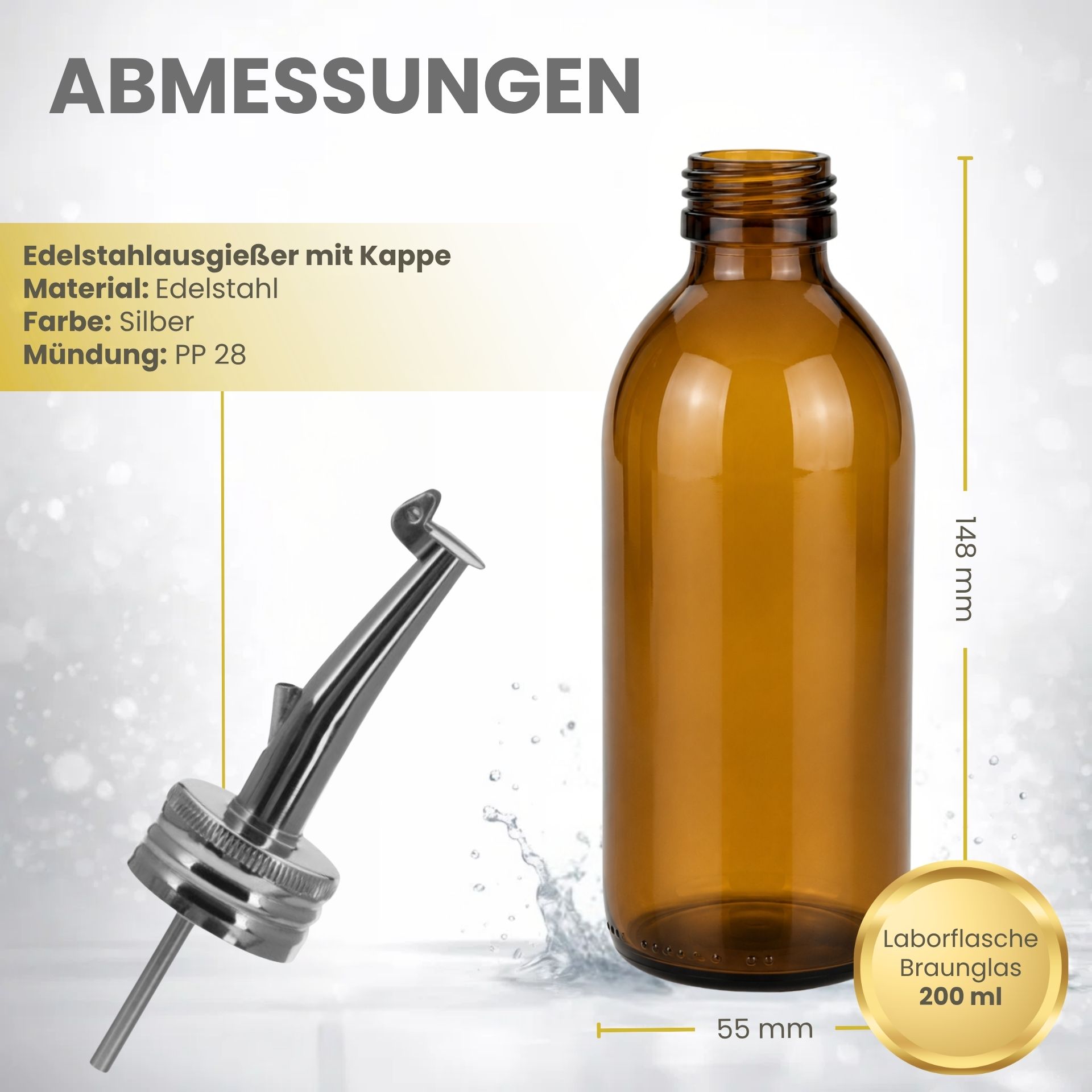 Apothekerflasche  200 ml Glas Edelstahl-Ausgießer