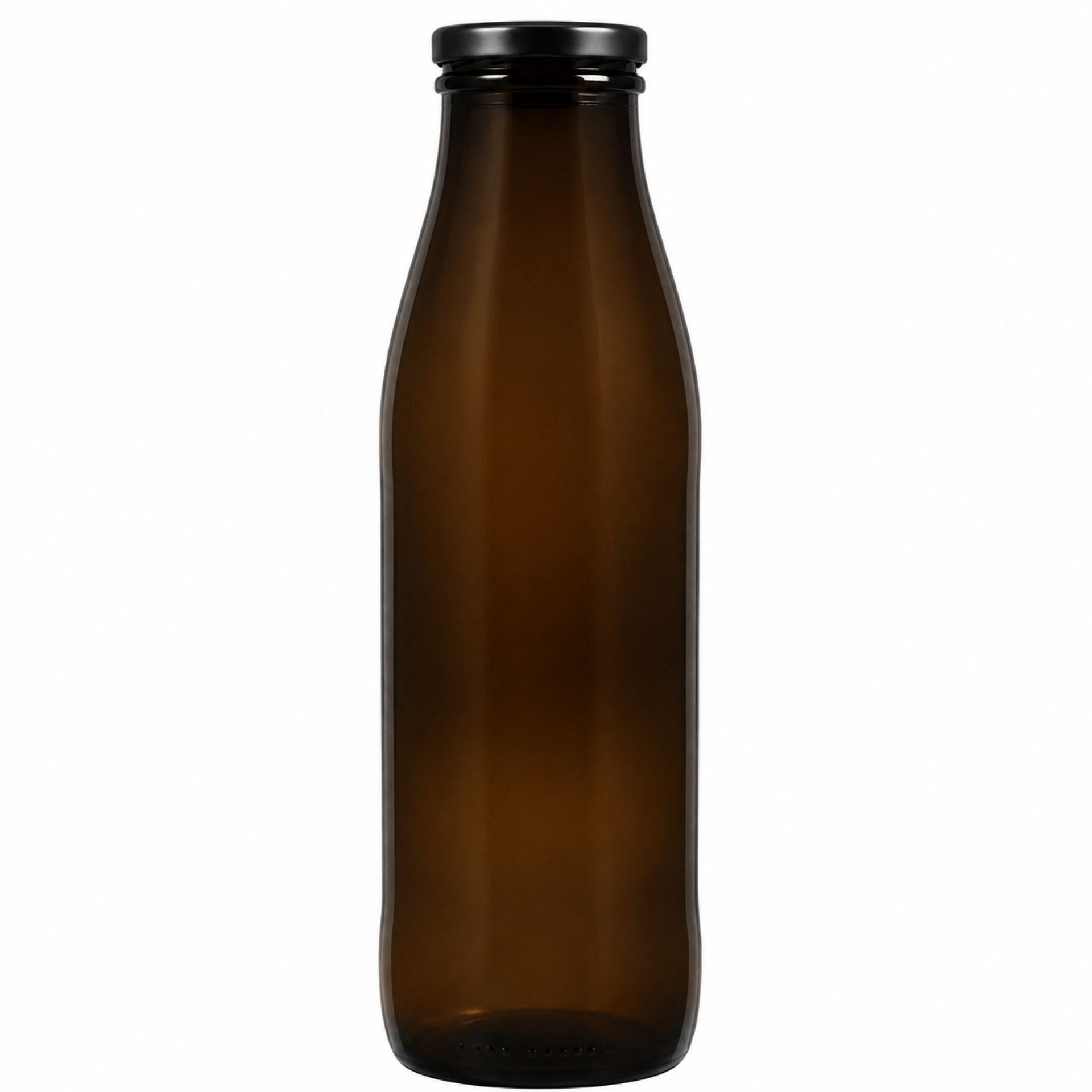 Braune 500-ml-Glasflasche mit weitem Hals und Schraubgewinde, stehend auf weißem Hintergrund.