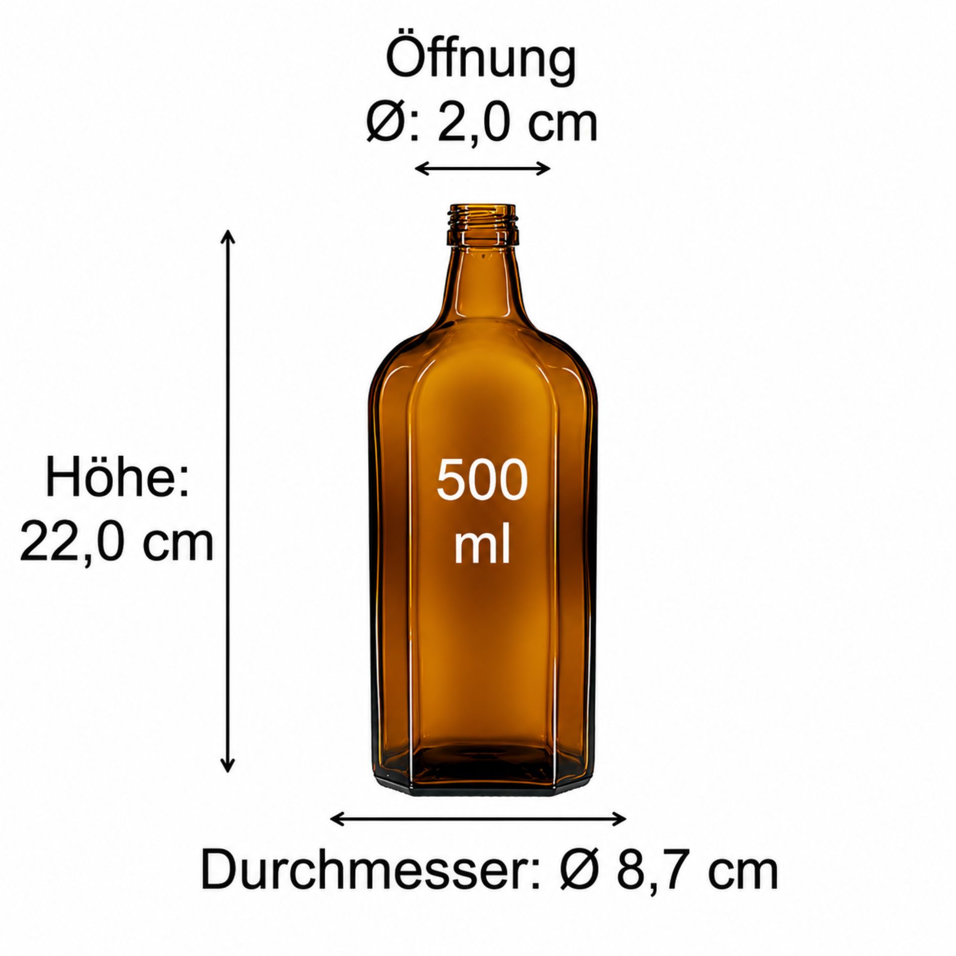 Bild mit den Abmessungen einer Glasflasche, detailliert dargestellt vor grauem Hintergrund.