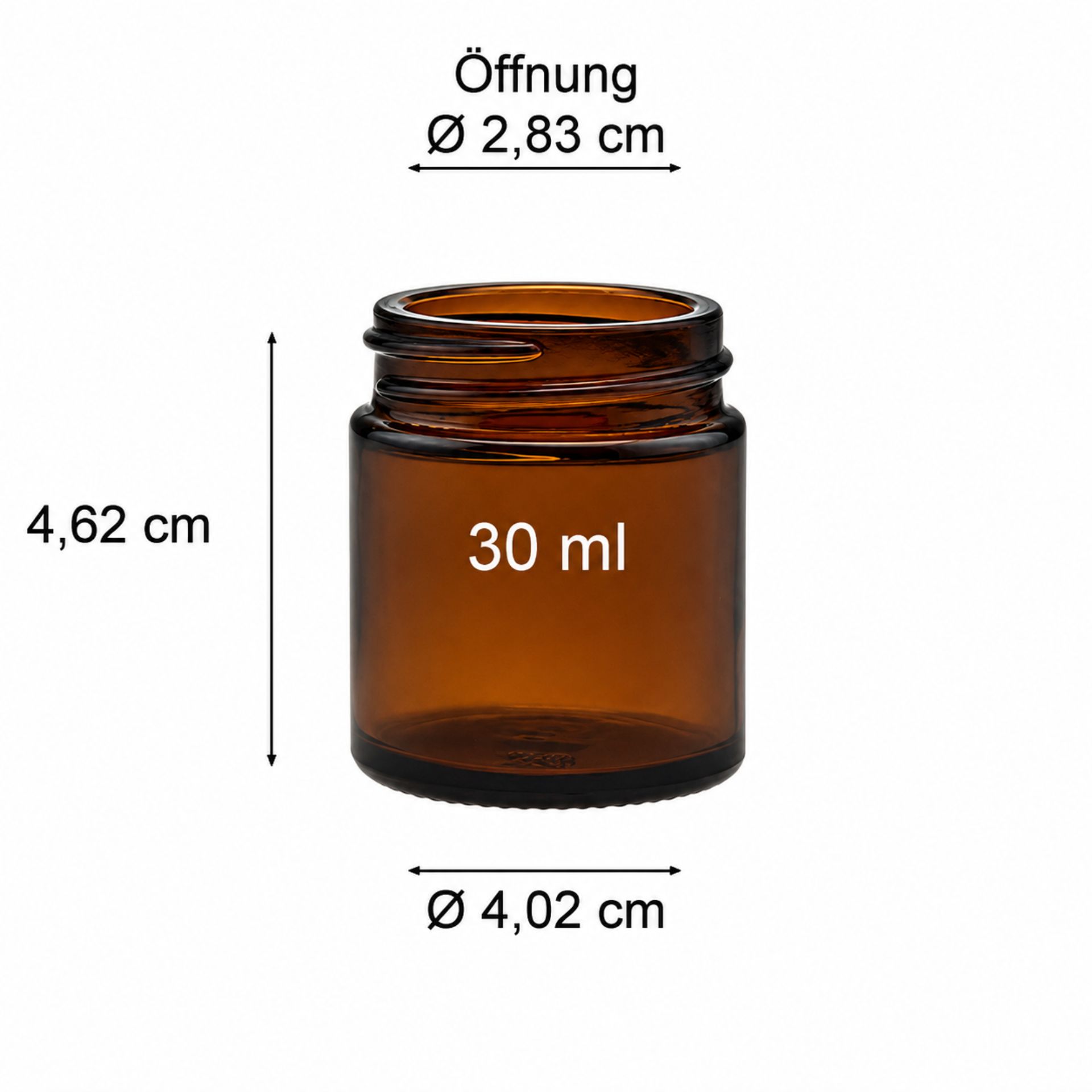 Brauner Glastiegel 30 ml mit silbernem Deckel, geeignet für Cremes und Kosmetikprodukte, auf weißem Hintergrund.