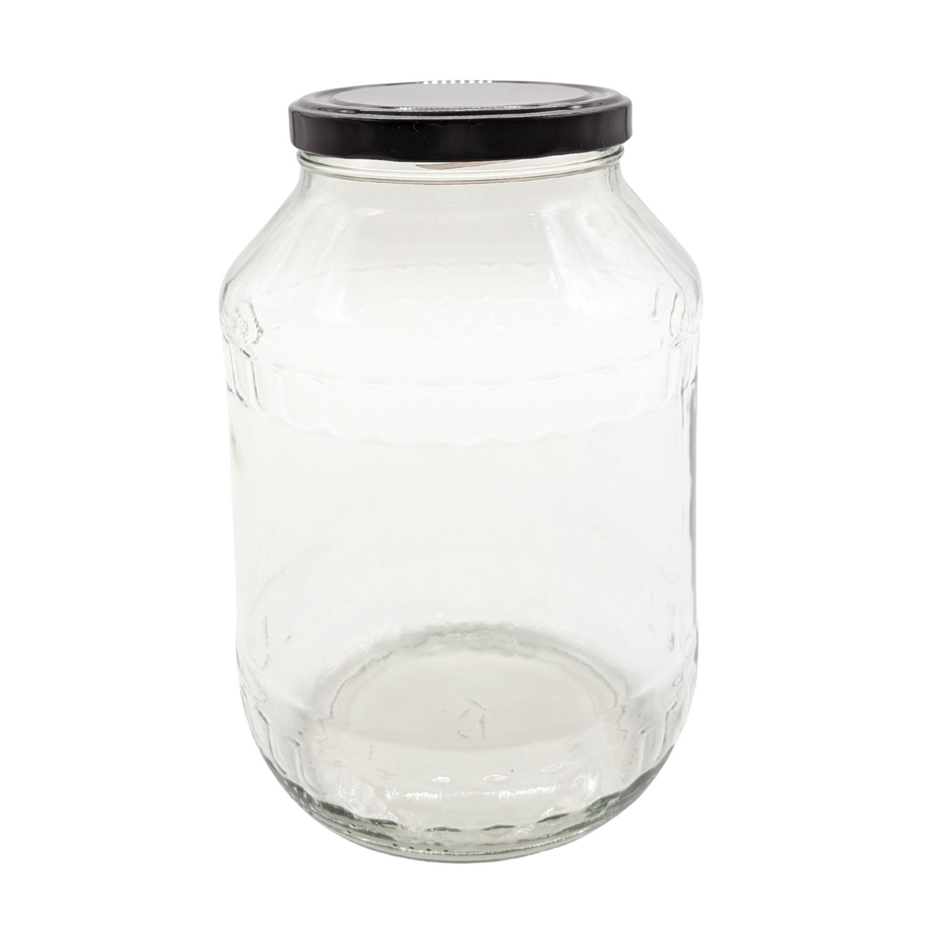 Vorratsglas 2650 ml mit schwarzem Schraubverschluss – XL Glasdose von MIKKEN für Lebensmittelaufbewahrung Großes transparentes Vorratsglas mit schwarzem Schraubverschluss, leer und auf weißem Hintergrund stehend.