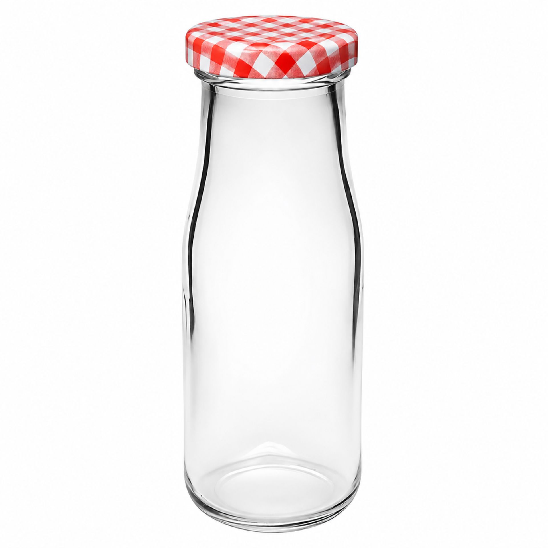 Vier durchsichtige Glasflaschen mit goldfarbenem Schraubverschluss stehen nebeneinander auf weißem Hintergrund; jede Flasche ist schlank, zylindrisch geformt und besitzt ein Füllvolumen von 250 ml.