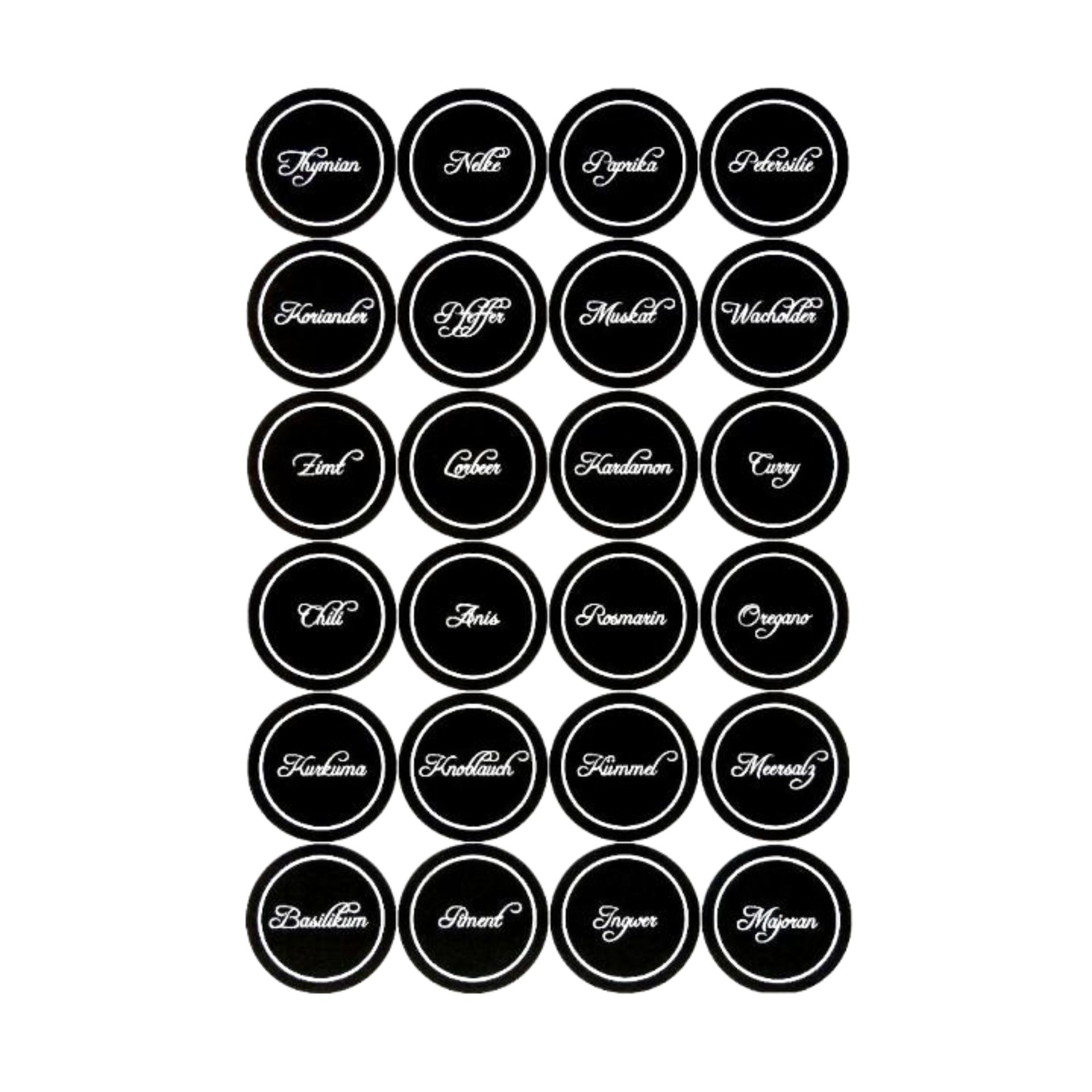 Klassische runde Gewürzetiketten, Set aus 24 Stück, mit elegantem Design, ideal zur Beschriftung von Gewürzgläsern. Perfekt zur Organisation in der Küche. Kategorie: Küchenzubehör.