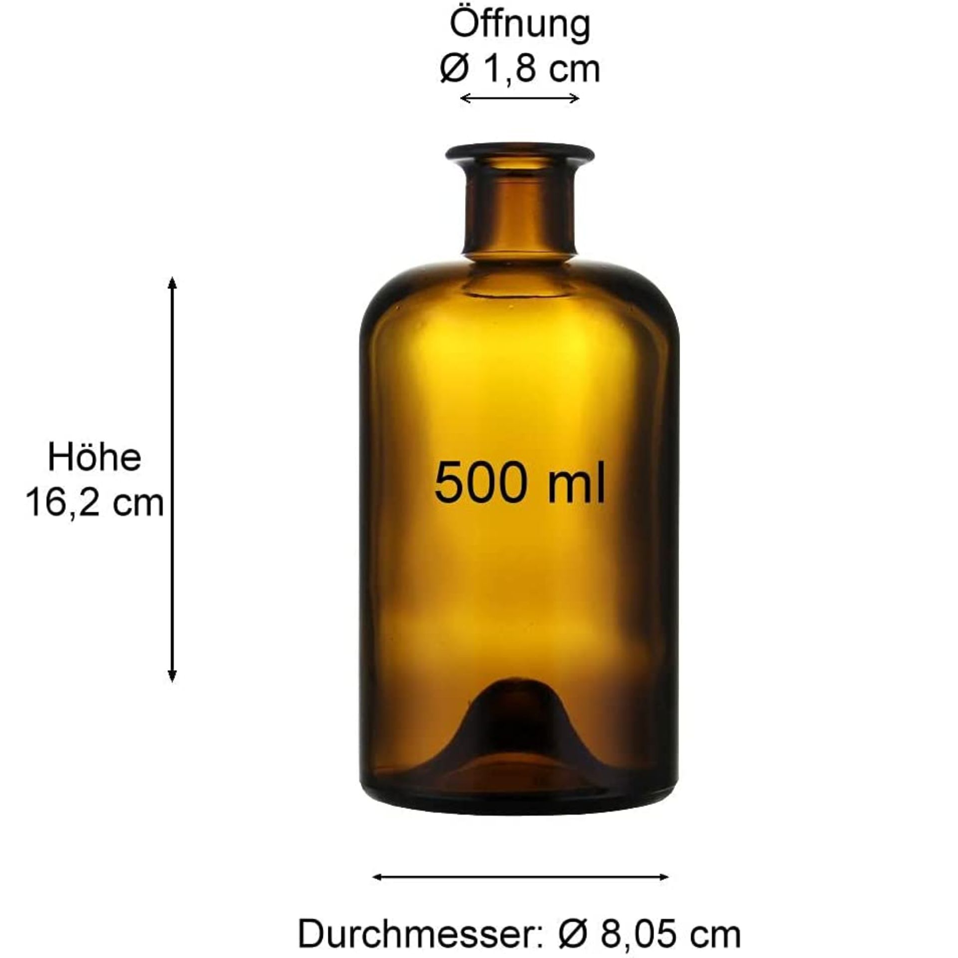 Braune Glasflasche mit 500 ml Fassungsvermögen, stehend auf hellem Hintergrund; die Flasche ist zylindrisch, hat eine schlanke Form und ist mit einem Naturkorken verschlossen.