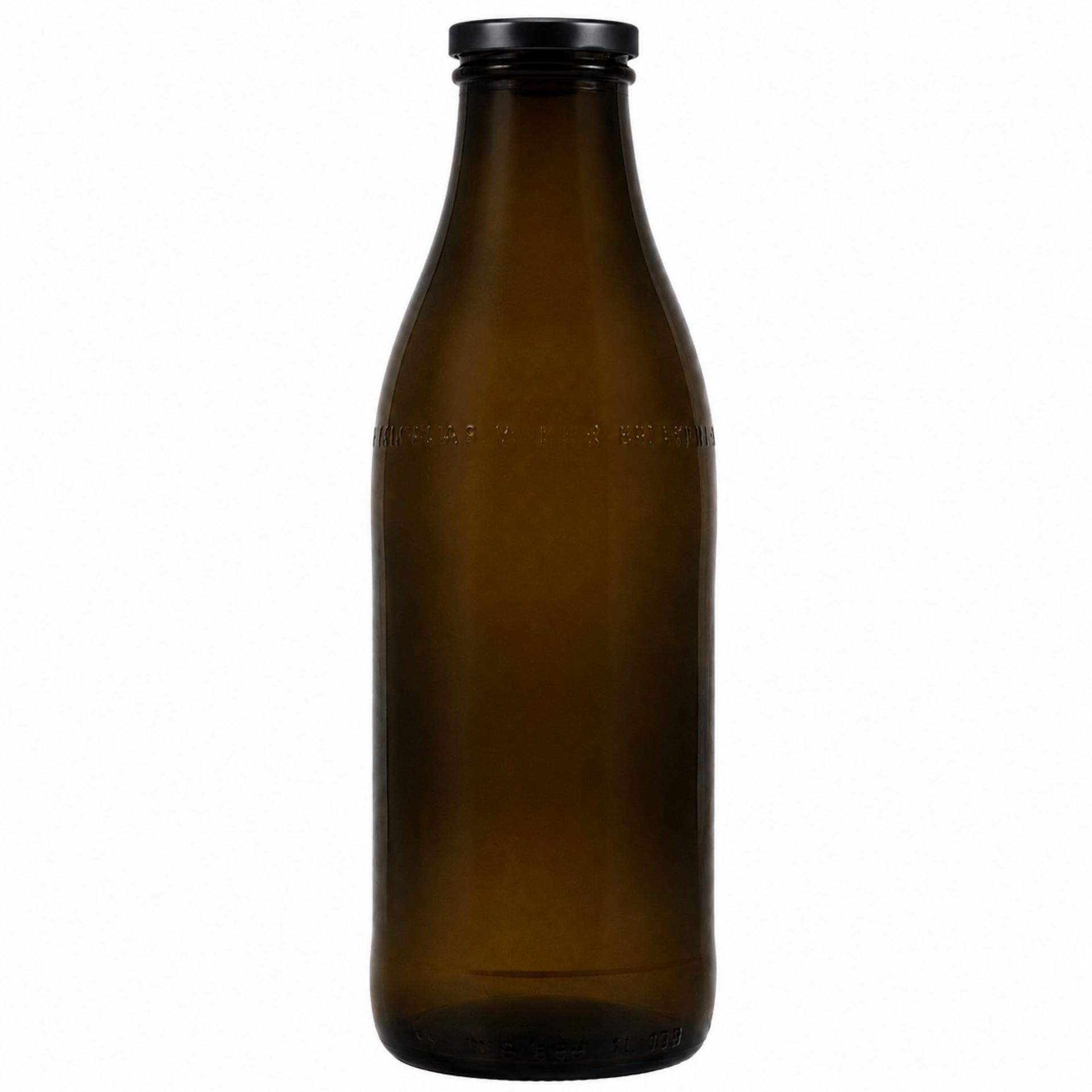 Braune 1-Liter-Milchglasflasche mit Schraubgewinde, stehend auf weißem Hintergrund.