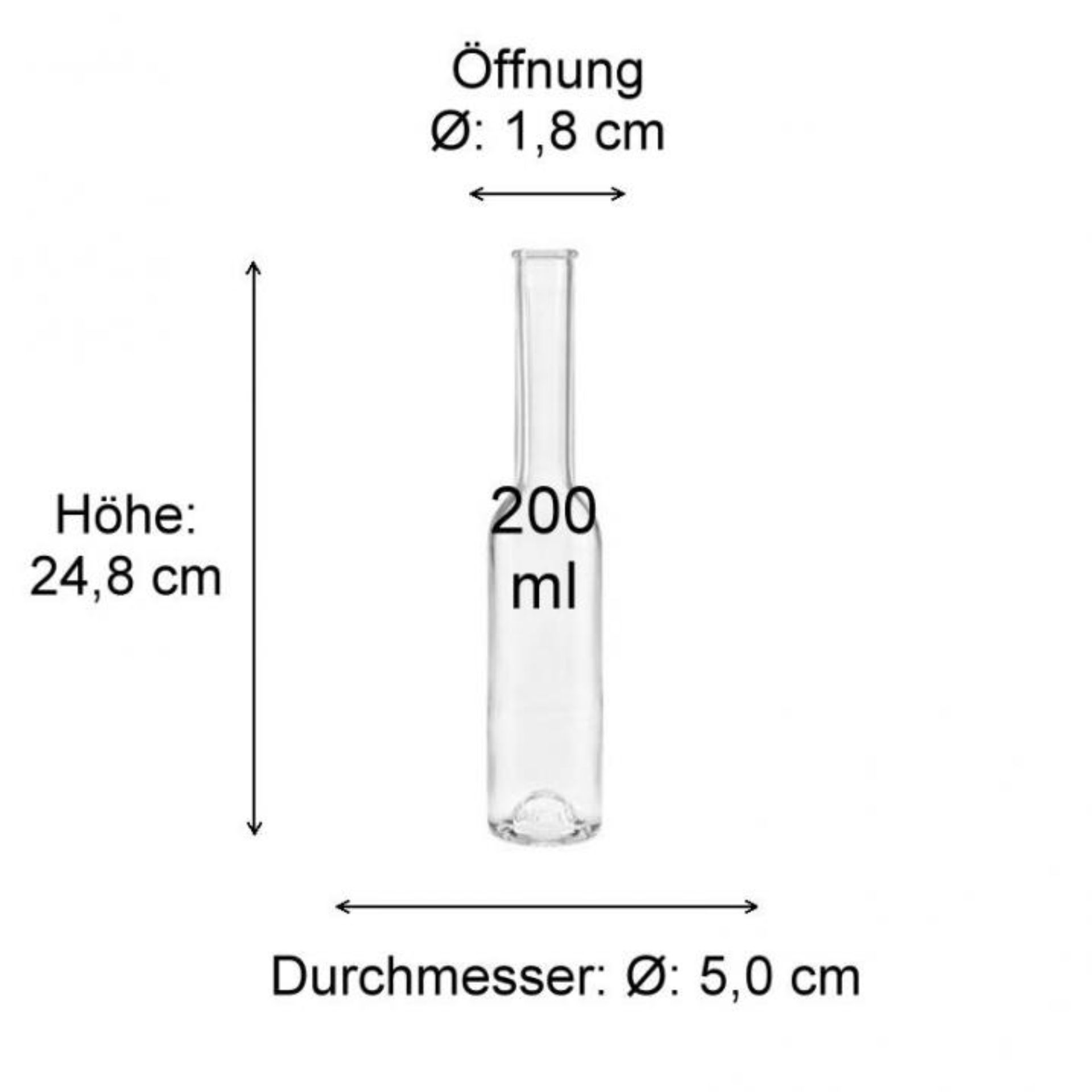 Braunglasflasche 250 ml mit Schraubverschluss – Leere Glasflasche für Lebensmittel, Kosmetik oder Laborbedarf Bild zeigt eine Abmessungsskizze einer Flasche aus der Produktkategorie Flaschen, Gläser und Dosen, mit detaillierten Maßen zu Höhe, Durchmesser und Volumen, bereitgestellt von flaschen-glaeser-und-dosen.de.