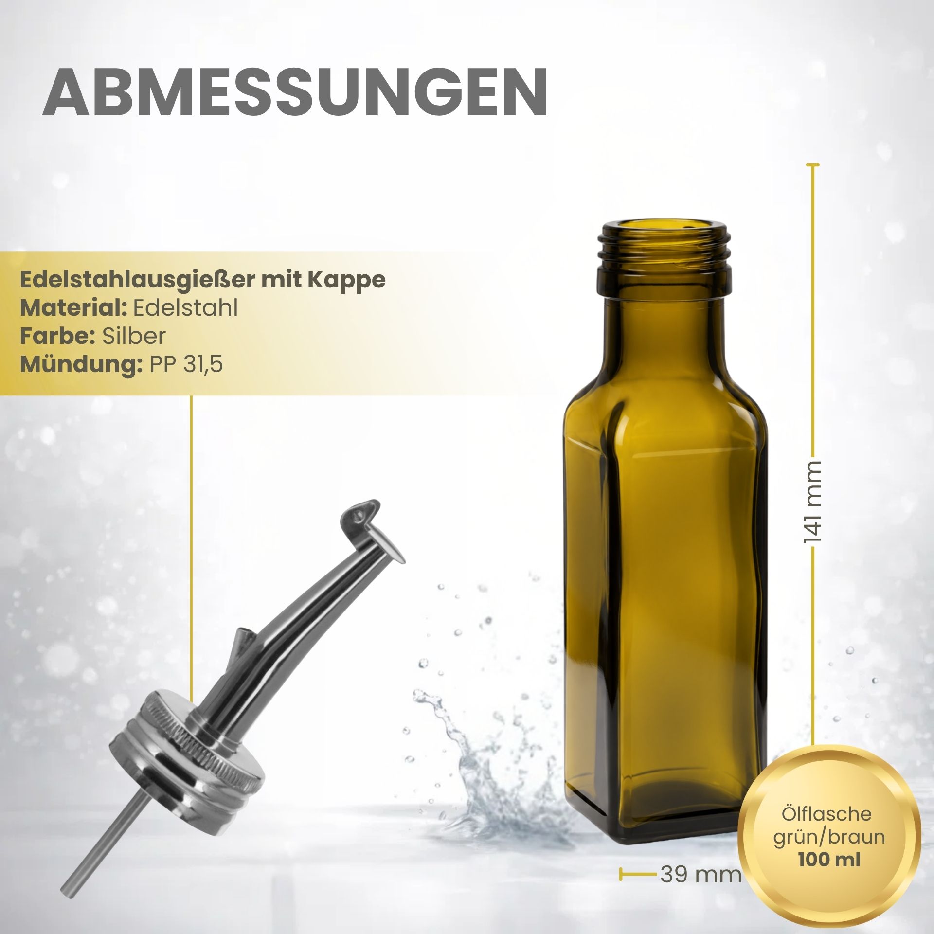 Glasflasche  100 ml eckig Marasca Antik Ölflasche mit Ausgießer Edelstahl