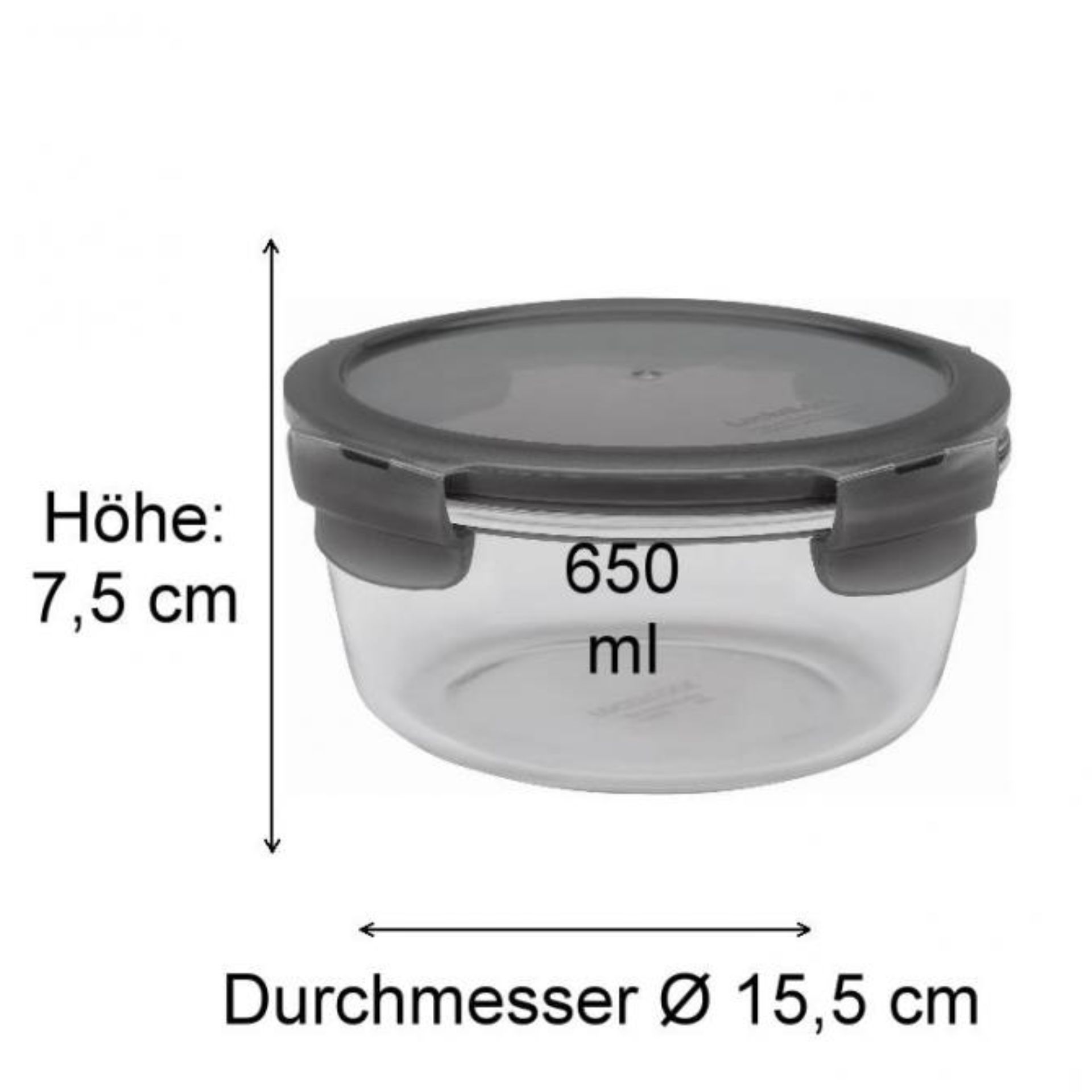 650 ml rundes Glas mit Deckel, transparent, geeignet für Aufbewahrung von Lebensmitteln oder Flüssigkeiten.