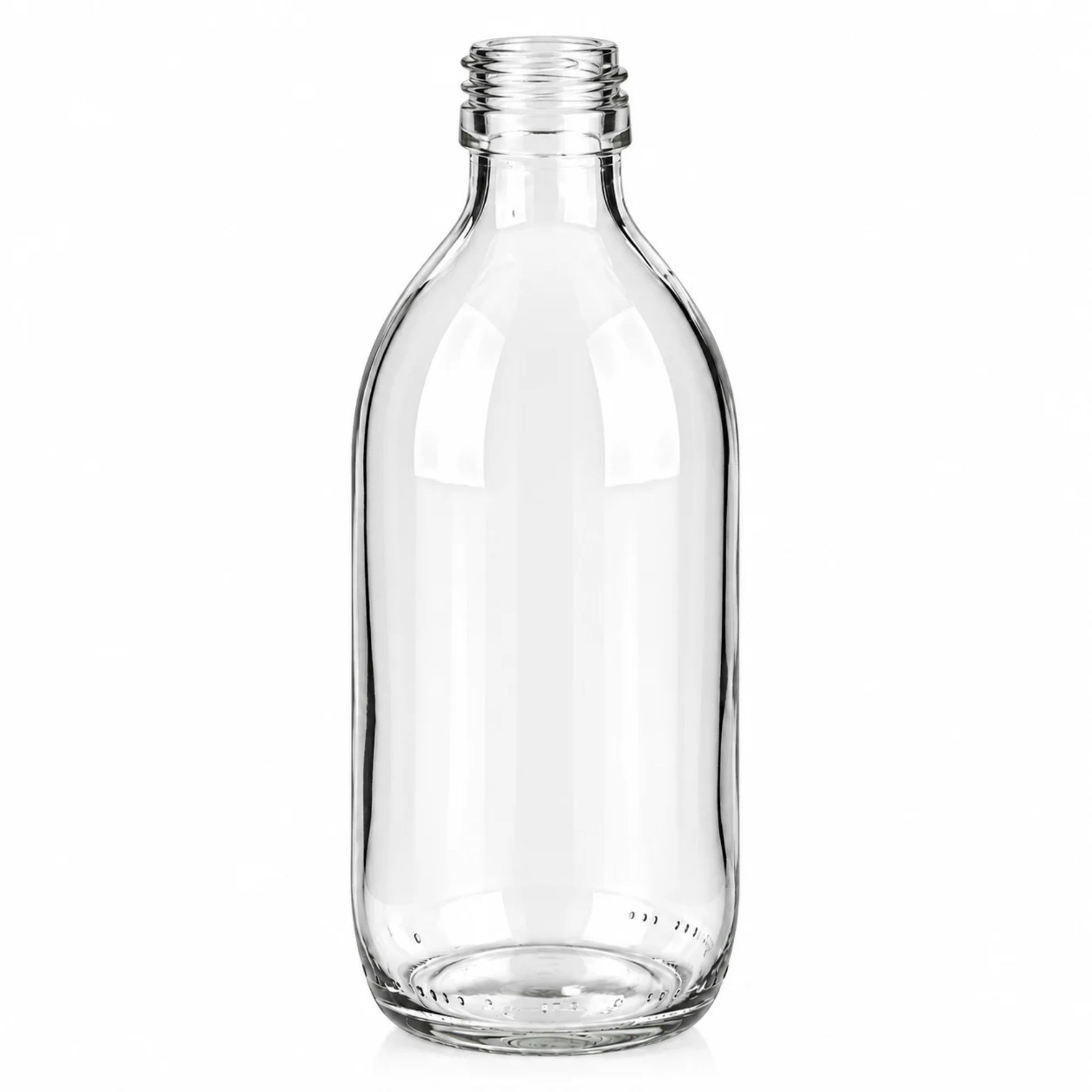 Klare 250-ml-Glasflasche mit geradem Hals und Schraubgewinde, stehend auf weißem Hintergrund.