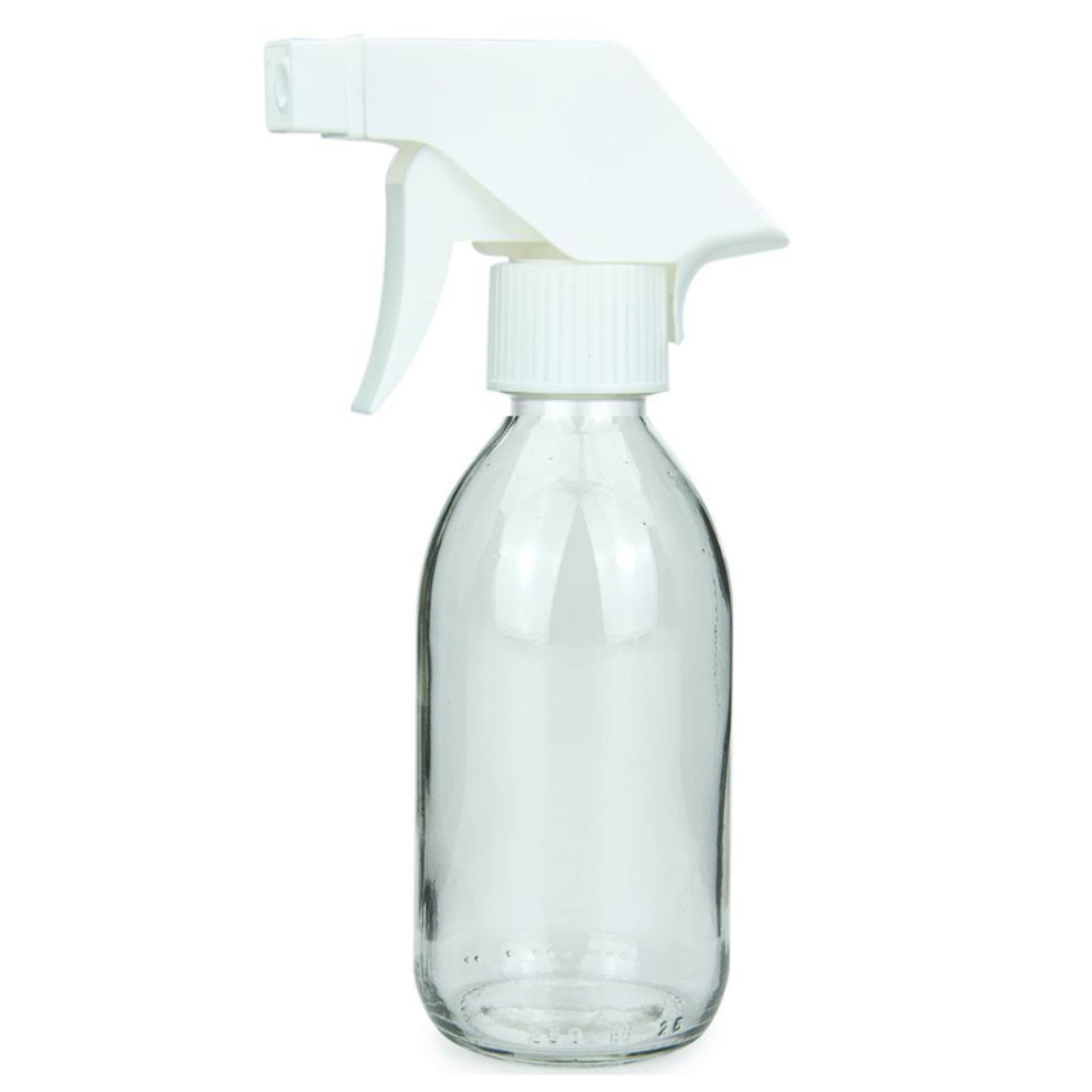 Transparente 250-ml-Sprühflasche mit weißem Trigger-Sprühkopf, stehend vor weißem Hintergrund.