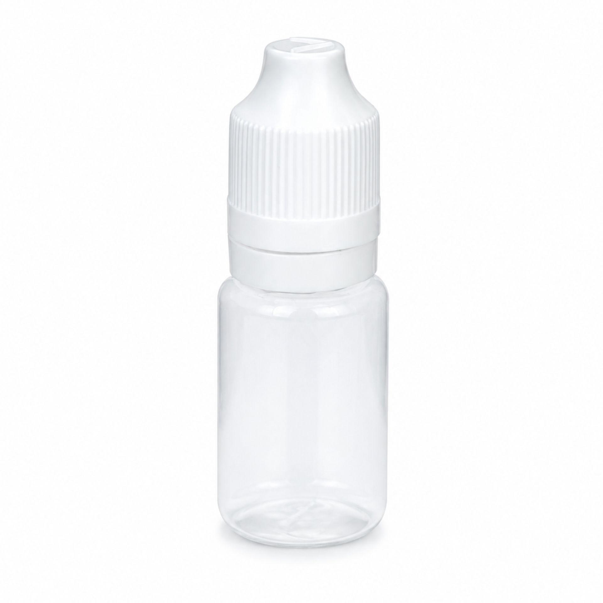 Kleine, durchsichtige Kunststoff-Quetschflasche mit weißer Schraubkappe und spitz zulaufender Dosierspitze vor neutralem Hintergrund.