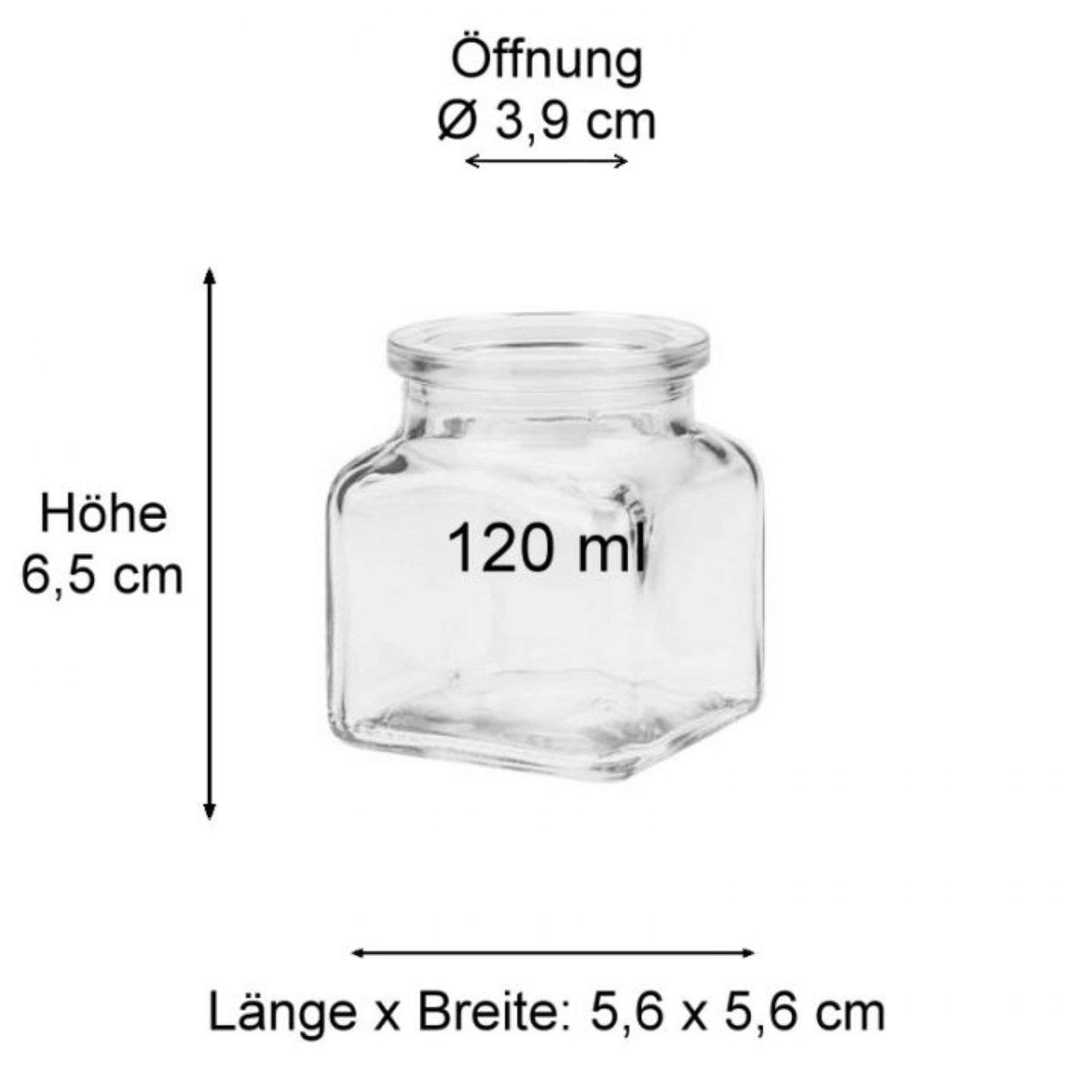Produktbild eines eckigen Vorratsglases mit 120 ml Fassungsvermögen und Korken, ideal zur Aufbewahrung von Lebensmitteln.