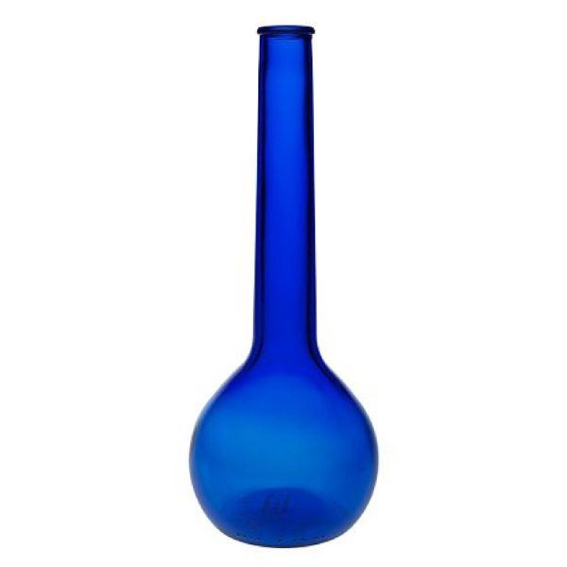 Blaue runde bauchige Glasflasche 500ml Dekoglas 83733 Bauchige Glasflasche mit 500 ml Fassungsvermögen in transparentem Blau, stehend vor neutralem Hintergrund.