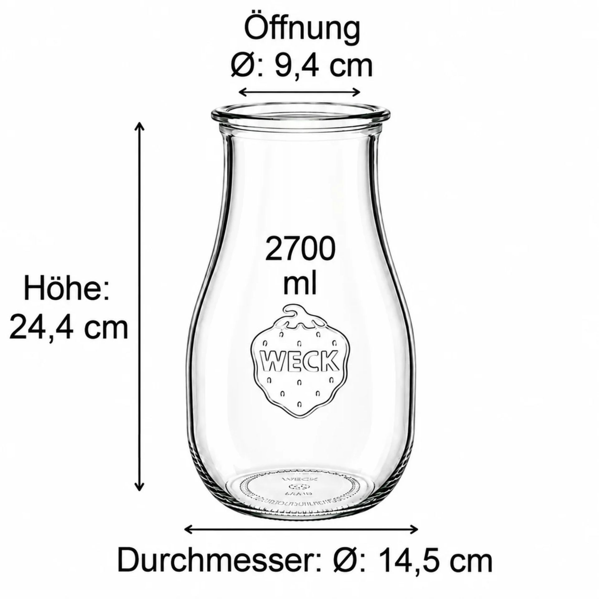Ein Weck-Glas mit einem Fassungsvermögen von 2700 ml, abgebildet auf einem weißen Hintergrund. Das Glas hat eine zylindrische Form und ist mit einer runden Öffnung ausgestattet. Es ist ideal für die Aufbewahrung von Lebensmitteln oder zum Einmachen.
