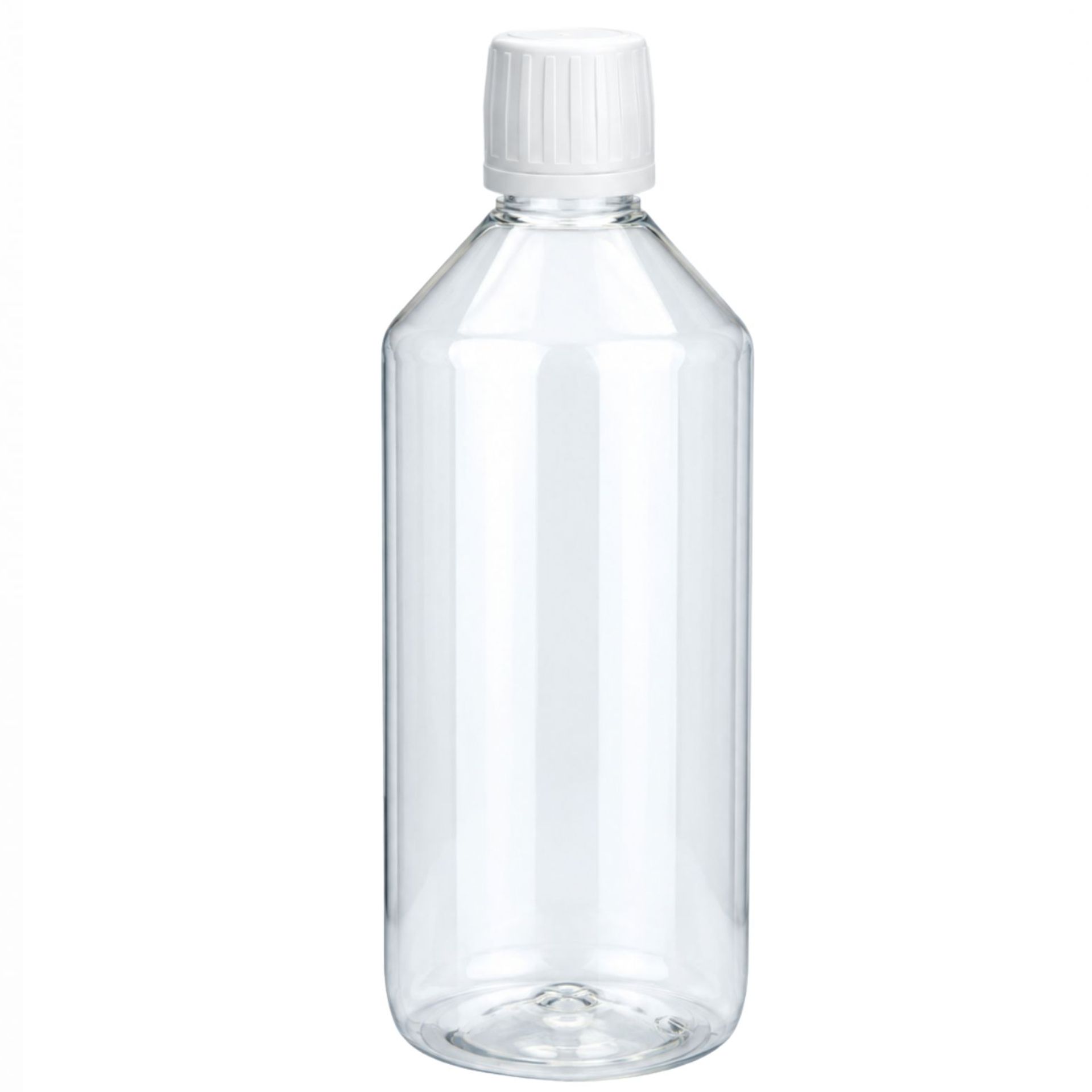 Durchsichtige 1000-ml-Laborflasche aus PET mit Schraubverschluss und transparentem Ausgießer, stehend vor weißem Hintergrund.