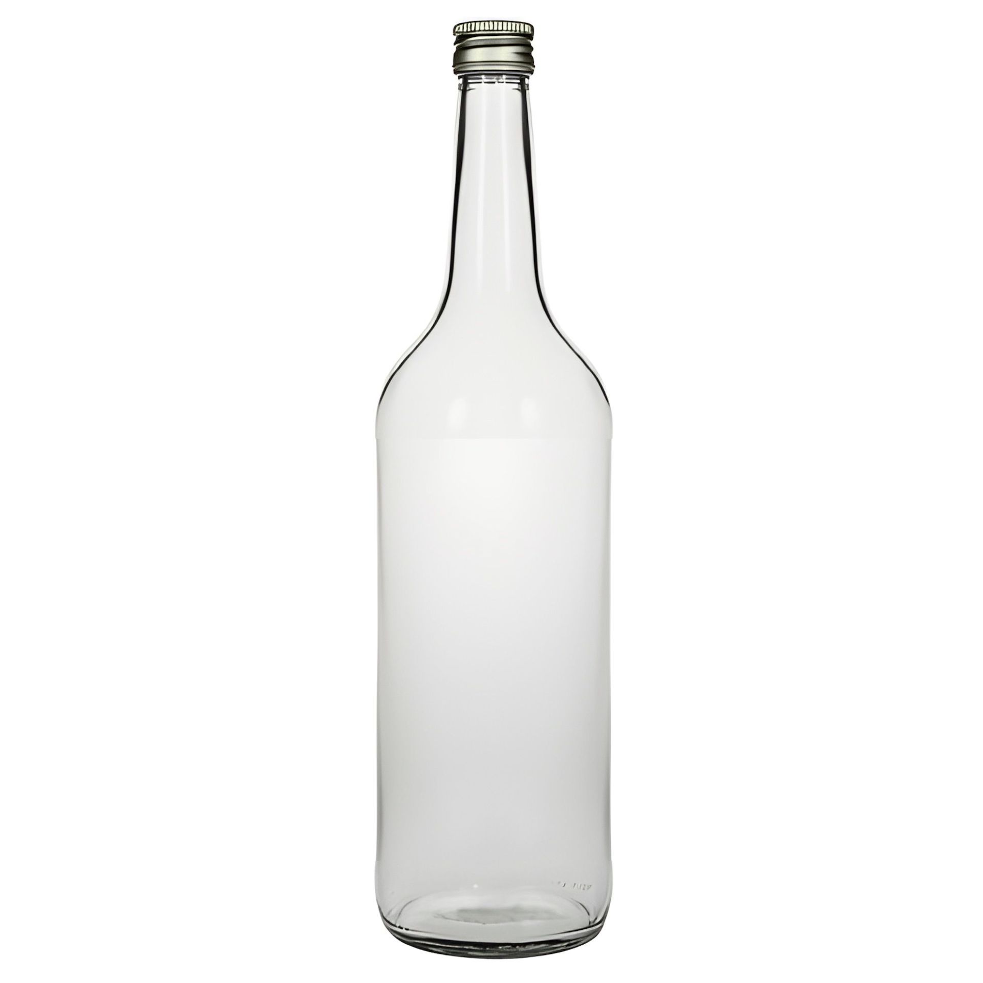 Klare 1000-ml-Glasflasche mit silbernem Schraubdeckel, stehend vor weißem Hintergrund.