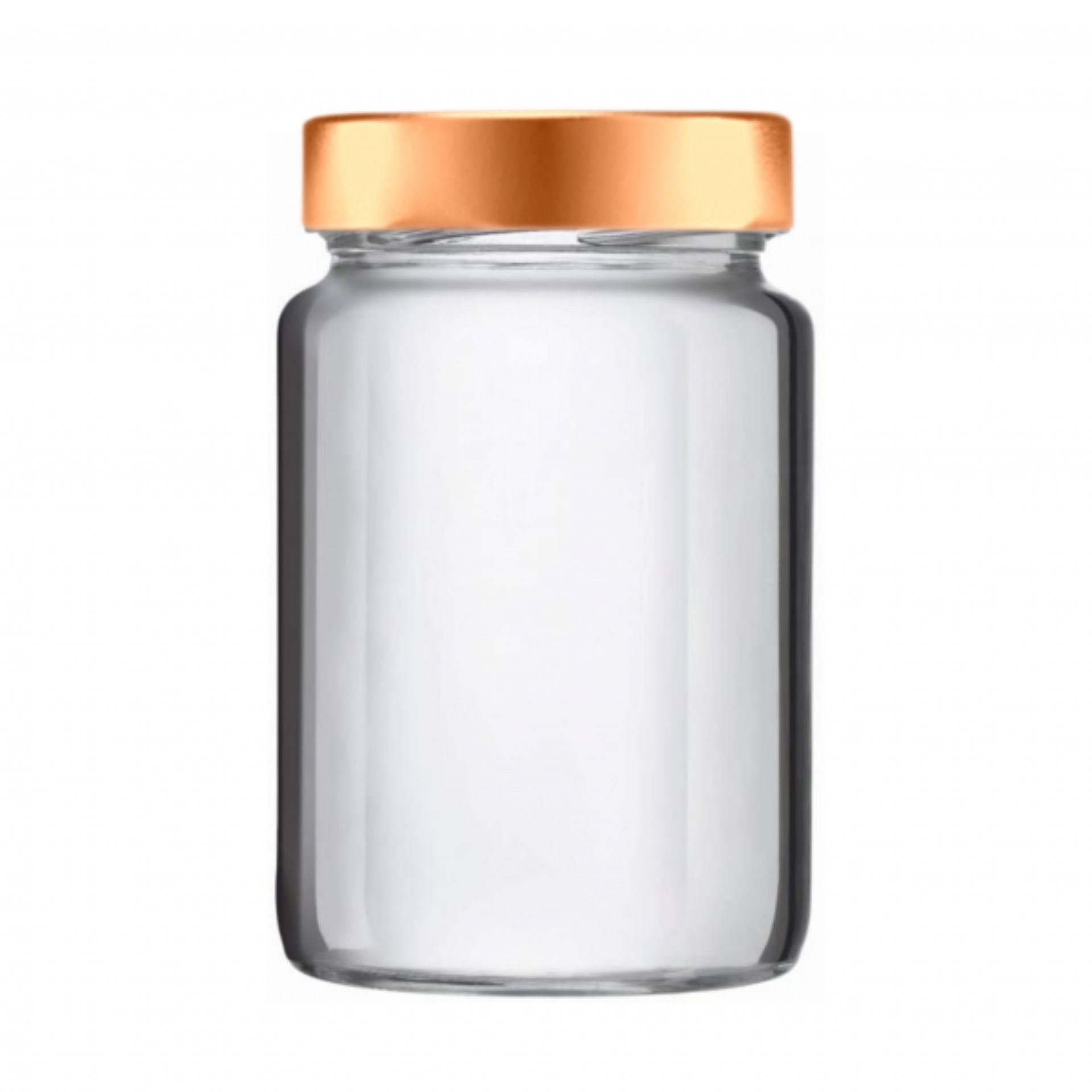 Klarglas-Gewürz- oder Vorratsglas mit 785 ml Fassungsvermögen, zylindrischer Form, kombiniert mit einem kupferfarbenen Schraubdeckel, stehend auf weißem Hintergrund.