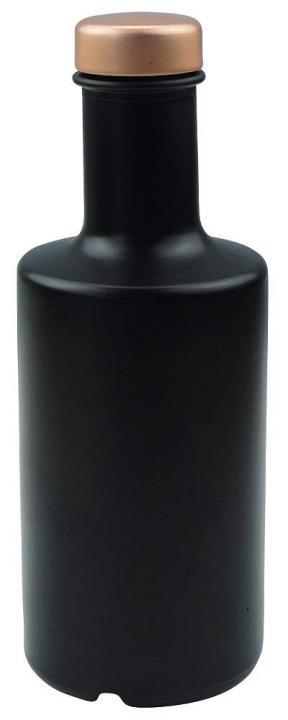 Glasflasche 200 ml Schwarz mit Kupferdeckel - Mikken Art Eleganz Leere, zylindrische 200-ml-Glasflasche in Schwarz mit kupferfarbenem Schraubdeckel vor weißem Hintergrund.