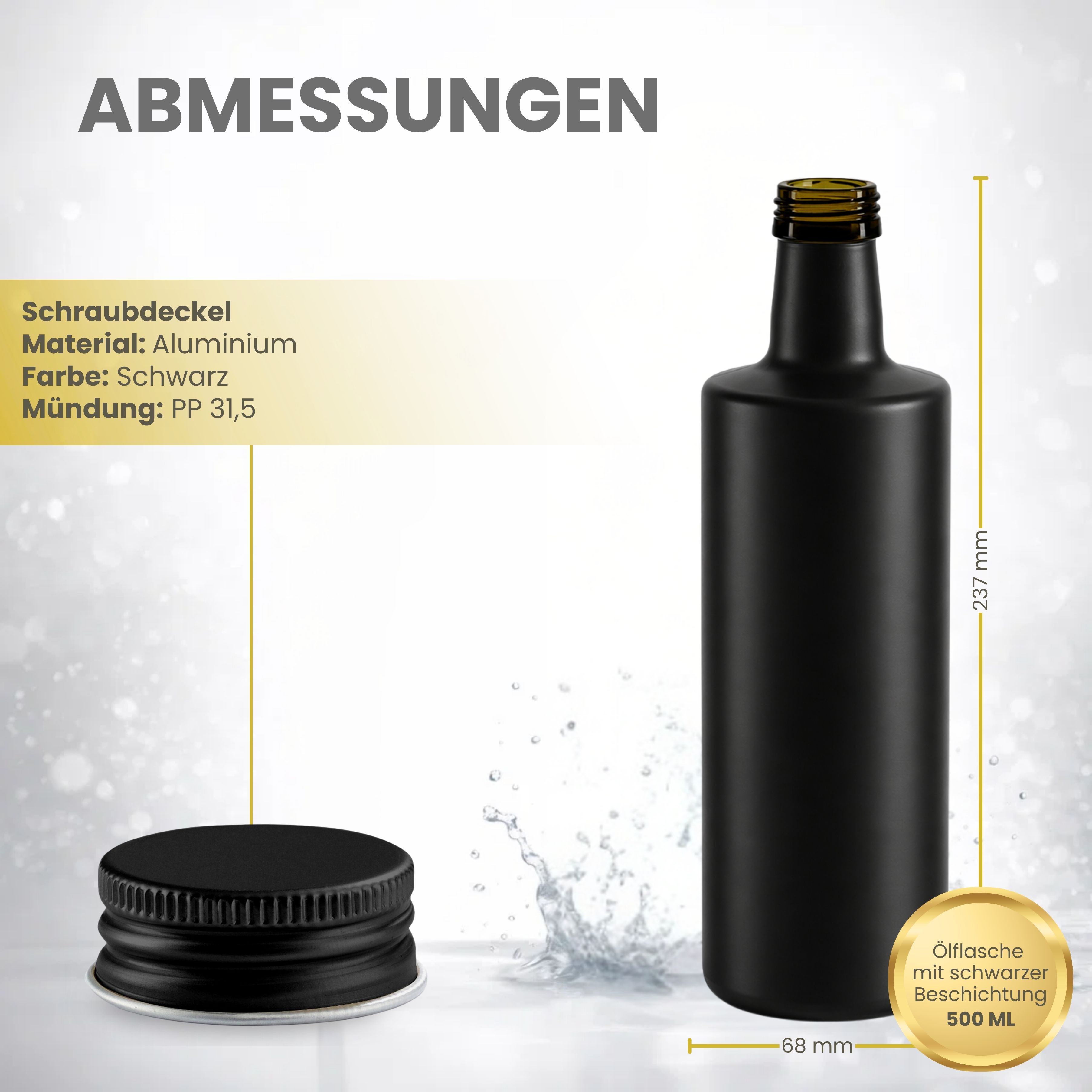 Glasflasche 500 ml rund schwarz Ölflasche Deckel schwarz