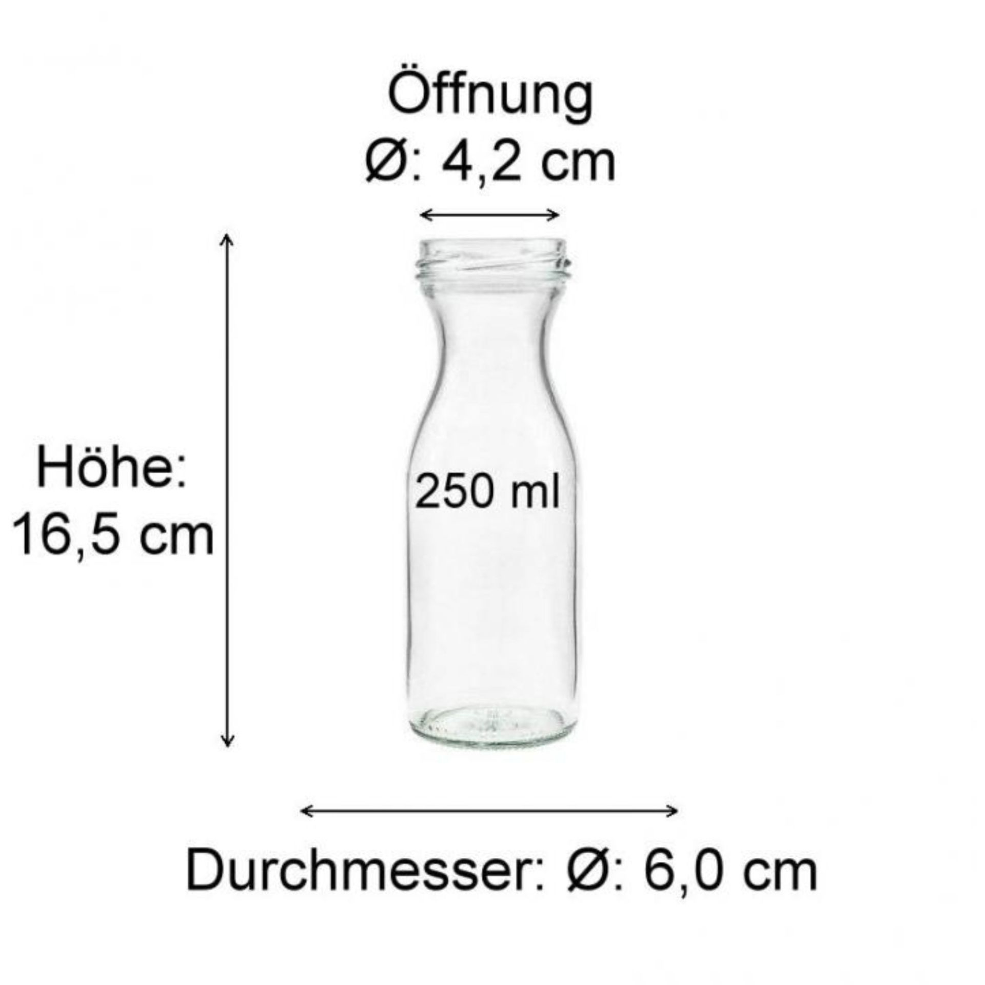Bild einer Glasflasche mit 250 ml Fassungsvermögen, speziell für Säfte geeignet. Die schlanke, klare Glasflasche besitzt einen stabilen Boden und eine standardisierte Öffnung für gängige Verschlüsse. Perfekt für die Abfüllung von selbstgemachten Säften un