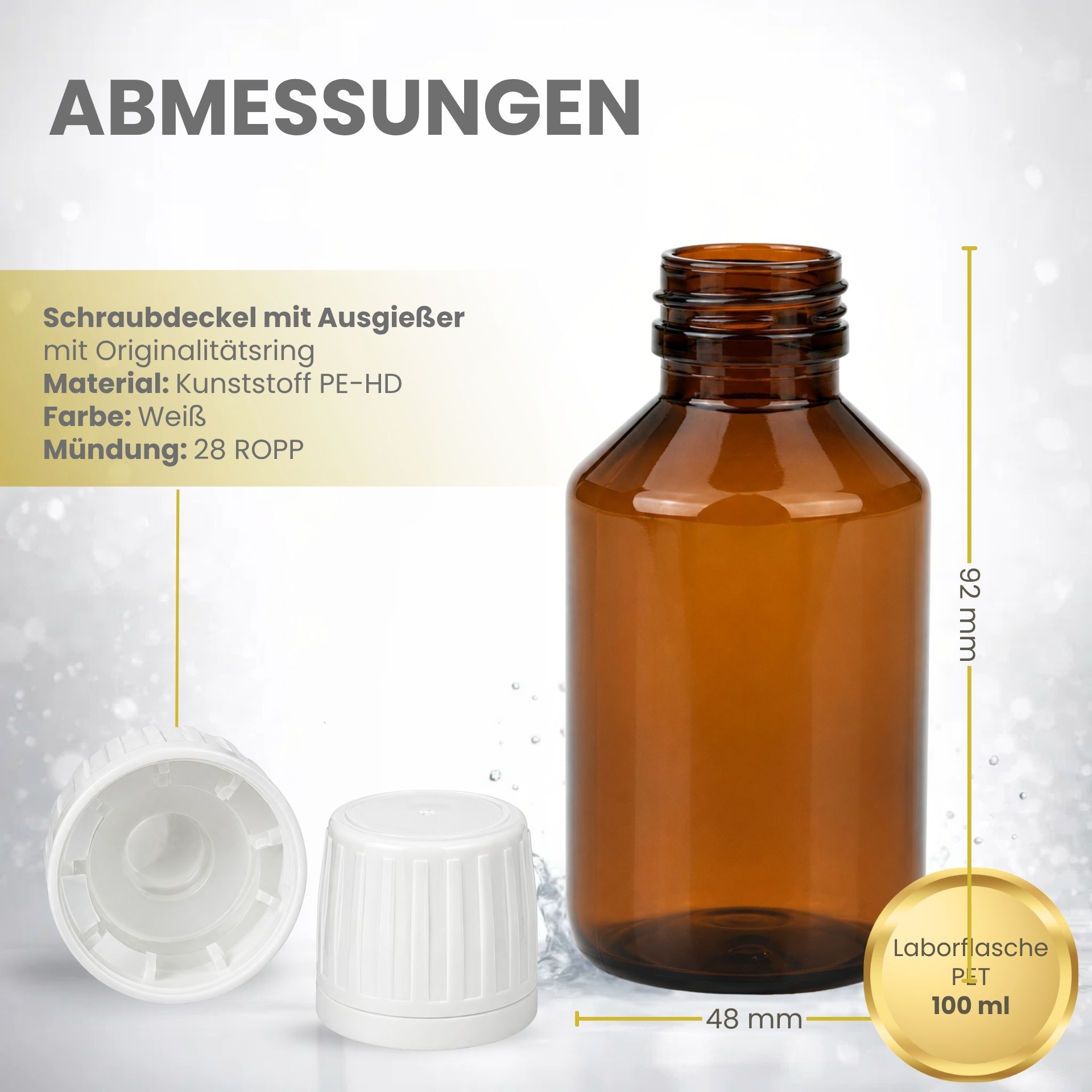 Laborflasche   100 ml braun PET Kunststoff mit Ausgießer weiß