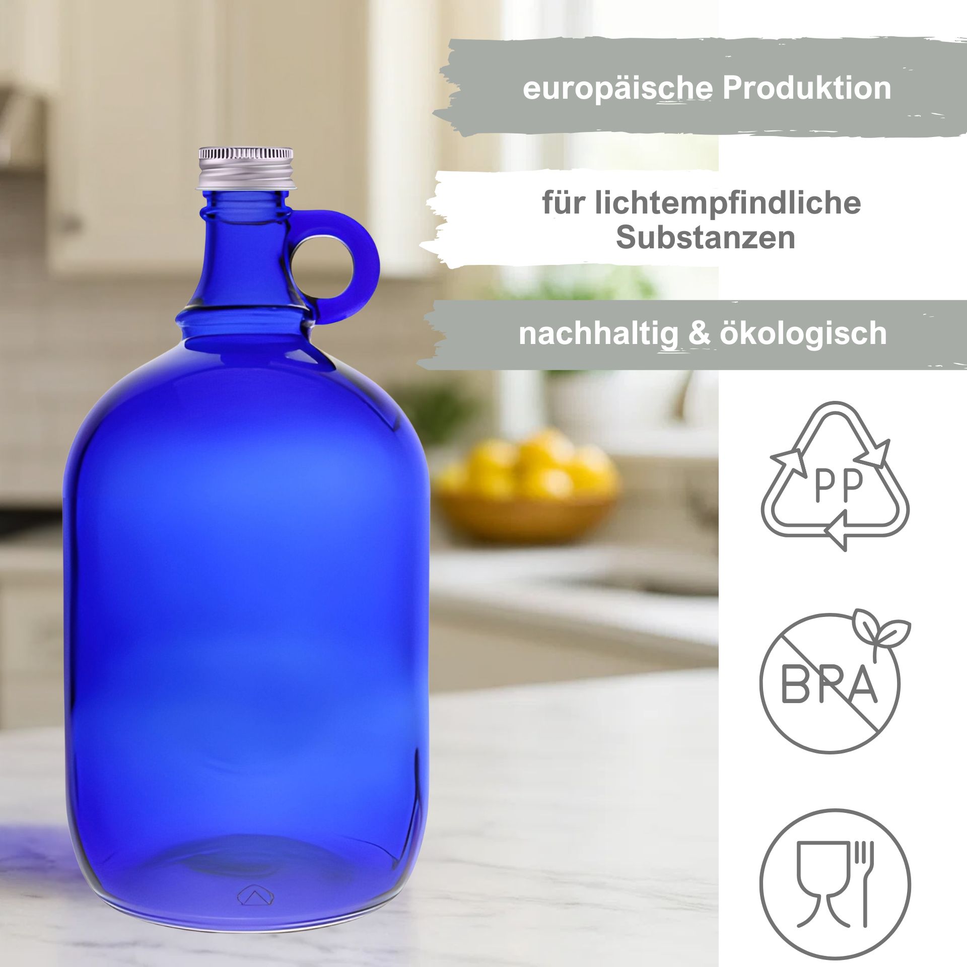 Glasflasche 2000 ml Henkelflasche blau