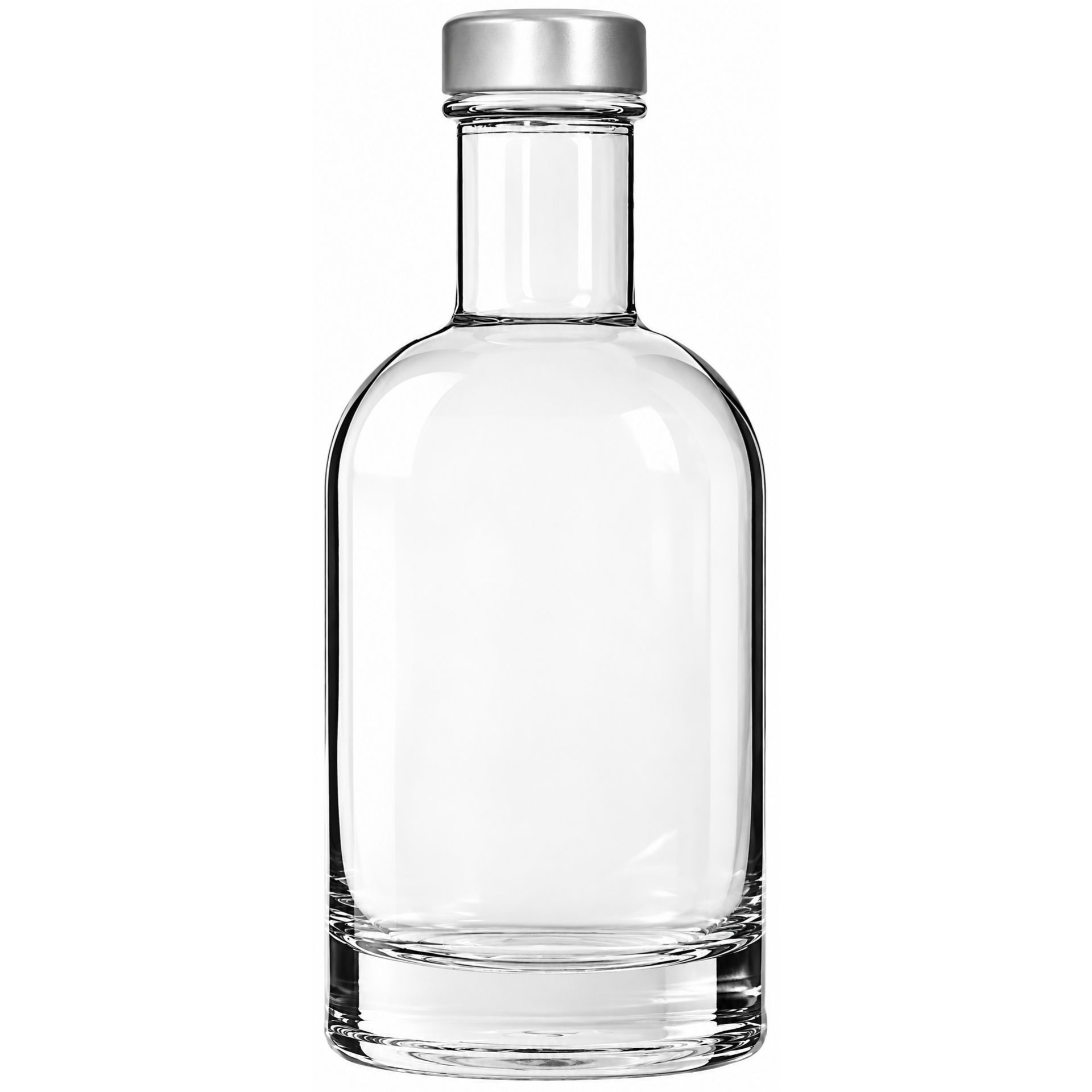 Klare 200-ml-Glasflasche mit silberfarbenem Schraubdeckel, stehend auf weißem Hintergrund.