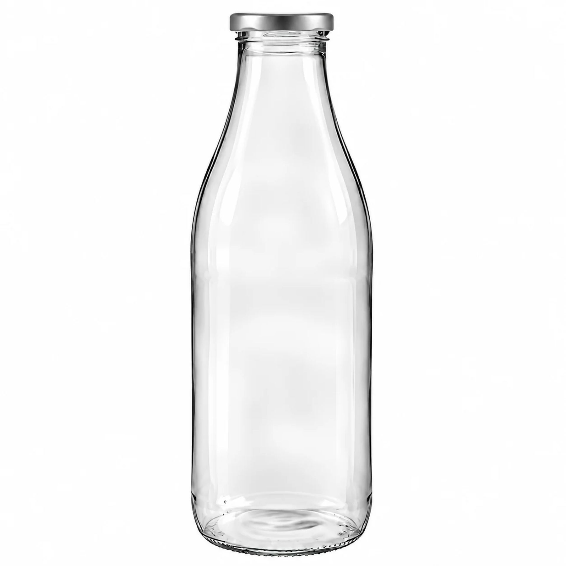 Sechs leere, transparente Einmachgläser aus Glas mit silberfarbenen Schraubdeckeln, gleichmäßig nebeneinander auf einer weißen Fläche angeordnet.