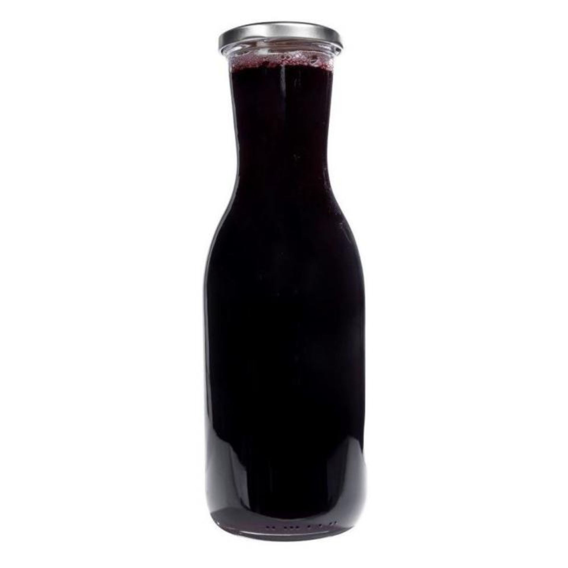 Klare 1-Liter-Glasflasche mit Bügelverschluss, stehend vor weißem Hintergrund, vollständig sichtbar und leer.