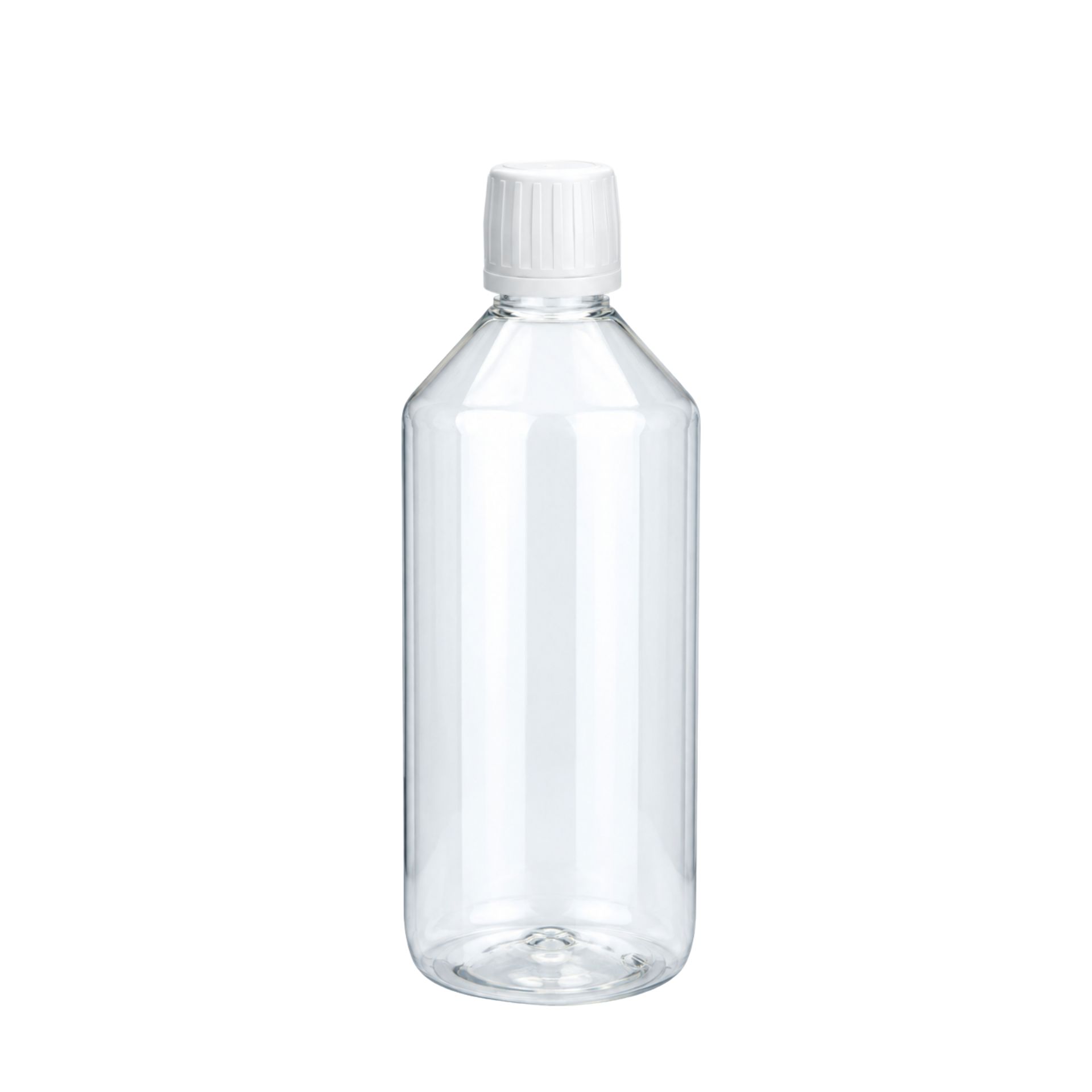 Durchsichtige 1000-ml-Laborflasche aus PET mit Schraubverschluss und transparentem Ausgießer, stehend vor weißem Hintergrund.