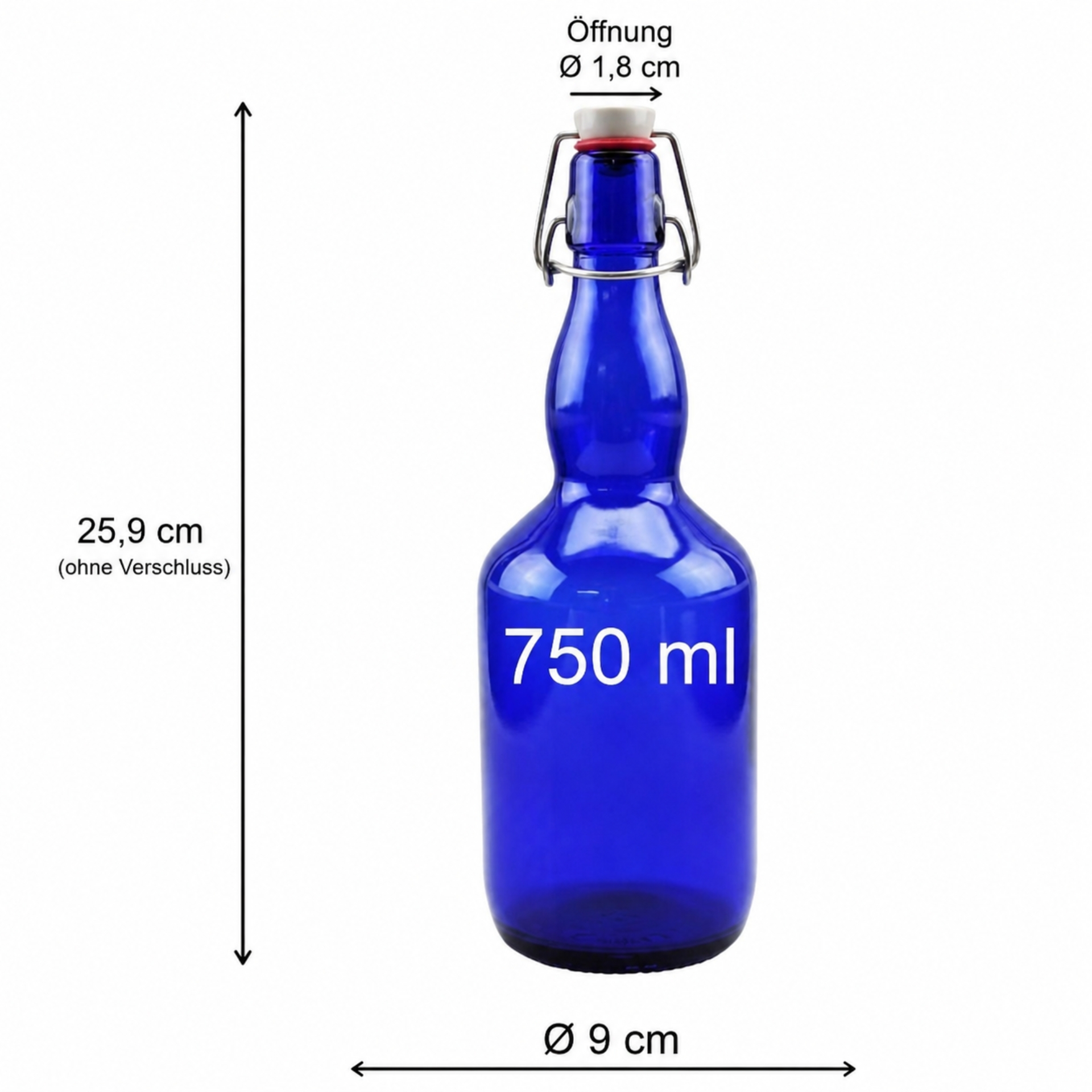 750-ml-Blauglasflasche mit Bügelverschluss, stehend auf weißem Hintergrund.